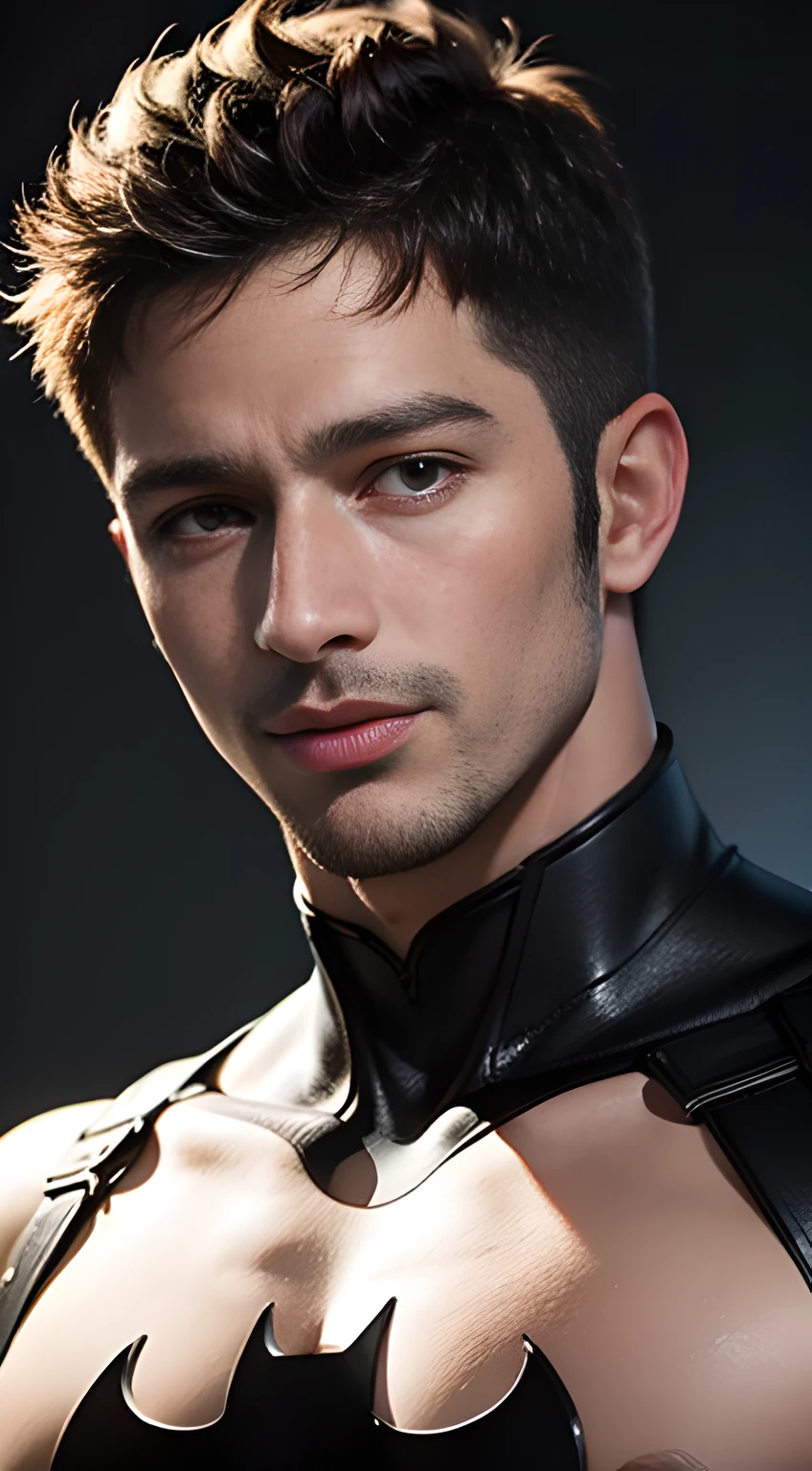 ((Men only)), (head shot), (handsome muscular man in his 20s), (batman), (Chris Redfield), (Mischievous smile), (detaile: 1 in 1), Natural muscles, HIG quality, beautidful eyes, (Detailed face and eyes), (Face、: 1 / 2), Noise, Real Photographics、... .................................................................................................................PSD, Sharp Focus, High resolution 8K, realisitic & Professional Photography, 8K UHD, Soft lighting, High quality, Film grain, FujifilmXT3