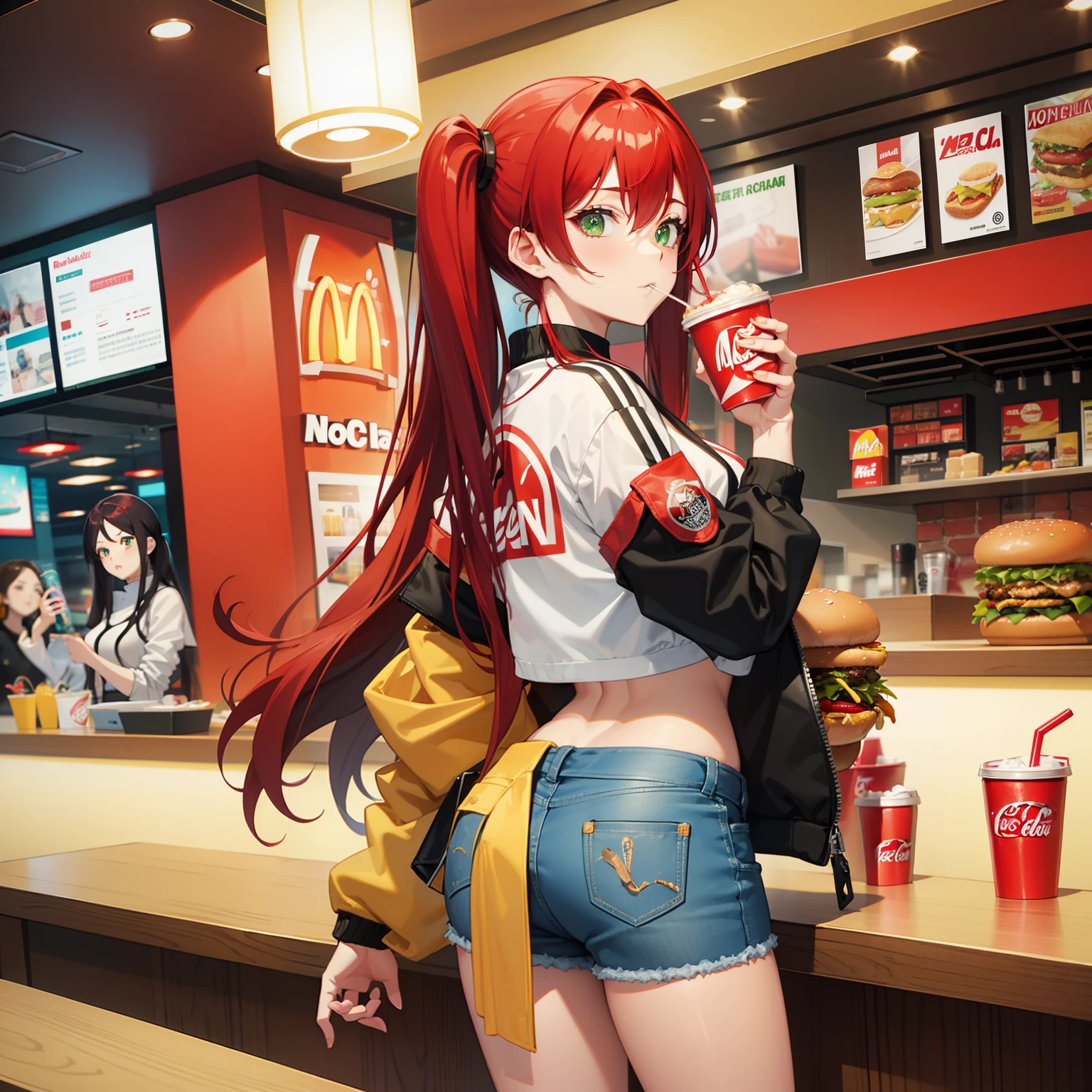 Full body shot, female asian Irina Shidou red hair twintails green eyes, in a McDonald's restaurant, wearing a bomber jacket and crop top and denim shorts, eating a cheeseburger and drinking a Coca-Cola, side shot, back shot, shot from backside, behind shot, masterpiece, highly detailed