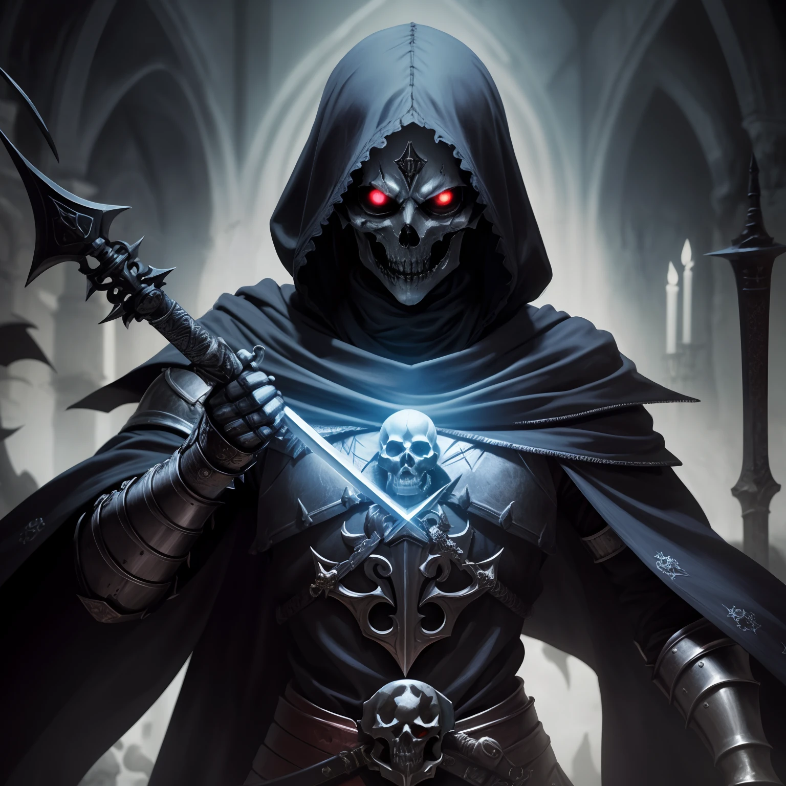 (8k unit wallpaper CG extremely detailed, masterpiece, best quality, ultra-detailed), (((solo))), ((extremely wide shot:1.15)), a dark being with skull face, with a magic amulet on his chest, holding a staff, in his lair, colorful, (dynamic pose), ((upper body:1.15)), (high detail), (intricate details), colorful, intricate, dark scene medieval, medieval, intense environment, Sinister, dark, evil, detailed environment, incredible high detail, ((matte painting)), highly detailed environment, illustrator, (masterpiece).