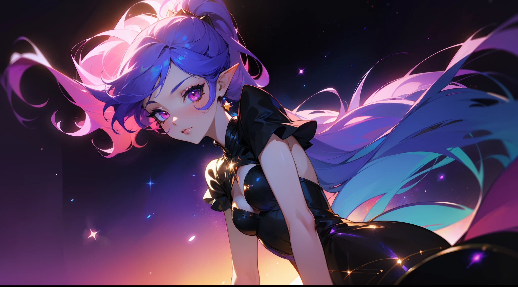 ((tmasterpiece)), (((beste-Qualit))), ((ultradetailed)), ((illustartion)), [The light effect of realism], eye shadow, (whitebackground), Simple background, illustartion, 1 girl, elegantly posing, sly look, Majestic view (multi-colored hair, Hair gradient, Hair color from blue to peach, without bangs, curly curl on the cheek, hairstyle: high ponytail, long tail), The eyes are crimson-red, Warm light, wide eyes, Lashes, side glance, Tanzanite, Glowing Hair, Decorations in the form of stars, long black sparkling dress, Straight dress, evening dress with rhinestones. dress like Jessica Rabbit, Long black gloves, Galaxy in the background, Additional lighting, ((Galactic haze), White Stars, atmospheric, Smooth gradient), Bioluminescent stars in the sky, Lots of purple and orange, Complicated details, Rich detail and color, The color of the rainbow, (Glow, Ambiance Lighting), dreamy, elvish, 电影灯光, lens flares