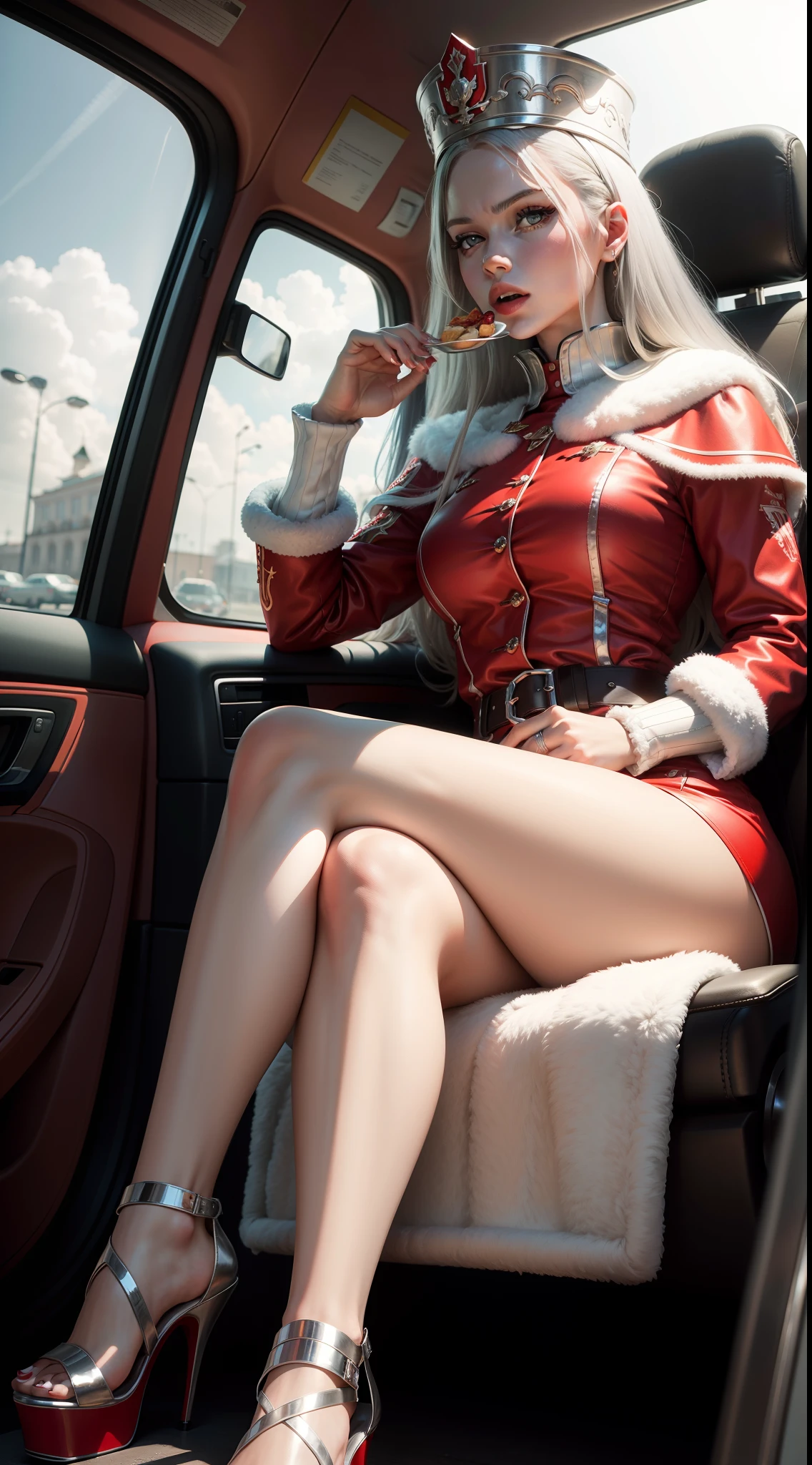 Soviet princess in silver high-heeled sandals,Eat in the car,red colour,Arrogant