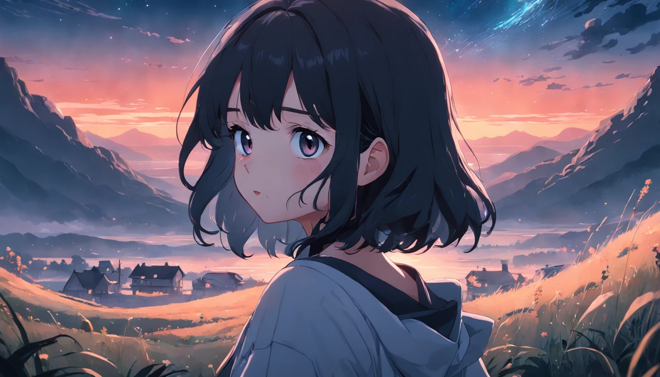 Beautiful moonlight sky, 1girl in, breastsout, A dark-haired, off shoulders, is standing, lofi hip hop, countryside view, lofi artstyle, lofi art, chillhop, lofi, anime movie background, Anime Background, lofi aesthetic, Wit Studio Anime, lofi album art, Rophy Technology, lofi vibes, lofi feel, Lofivibe、((masterpiece),(the Extremely Detailed CG Unity 8K Wallpapers)、top-quality、1girl、电影灯光、细致背景、beatiful detailed eyes、Bright pupils、(extremely delicate and beautiful)、(Beautiful and detailed eyes description)、ultra-detailliert、masterpiece、))