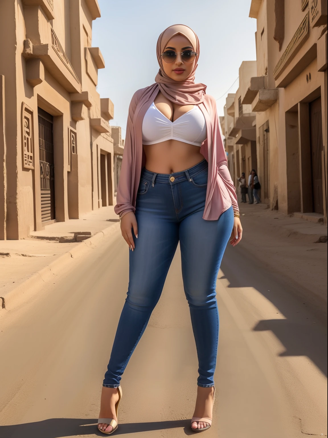 Beautiful cute Arabian Egyptian busty thicc woman. Big lips. Perfect face. Makeup. . Full body. Hourglass figure. Revealing sexy casual outfit. Hijab. In Egypt street . Masterpiece