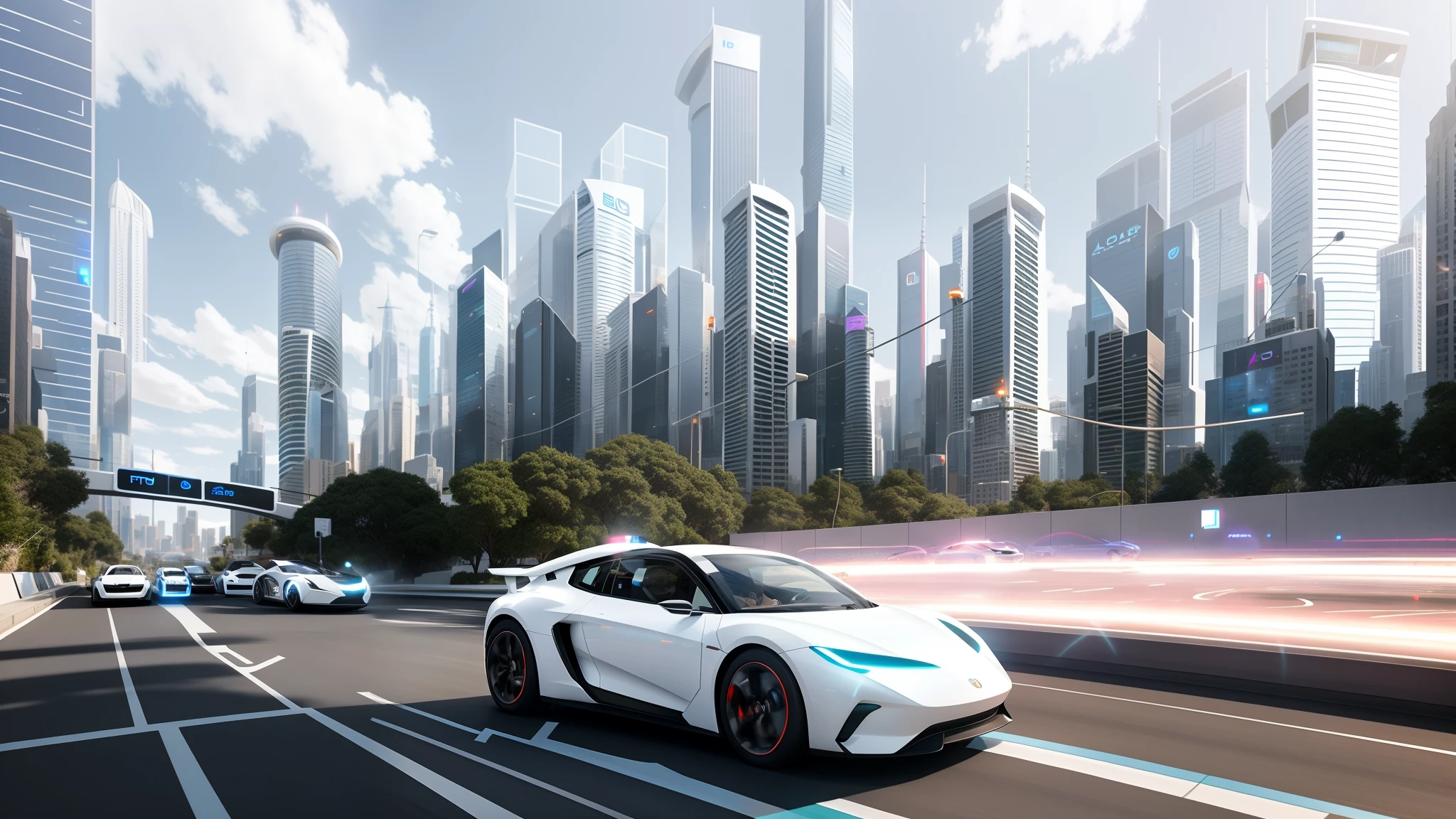 arafed city street with a white car driving on it, charging through city, futuristic product car shot, photo from 2022, cinematic front shot, concept, highly detailed composition, without background, high quality picture, in the background, car with holographic paint, front perspective, 12k, 1 2 k, 9 k, 9k, promo photo