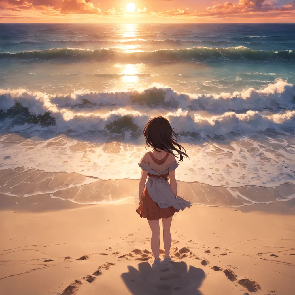 obra-prima, melhor qualidade, filme ainda, 1girl, (((A girl in the sand with her back to the camera looking out to sea))), garota nuvem, floating into the sky, distante da camera, brilhante, feliz, Soft lighting and Warm, sun sunset, (Sparks: 0,7)