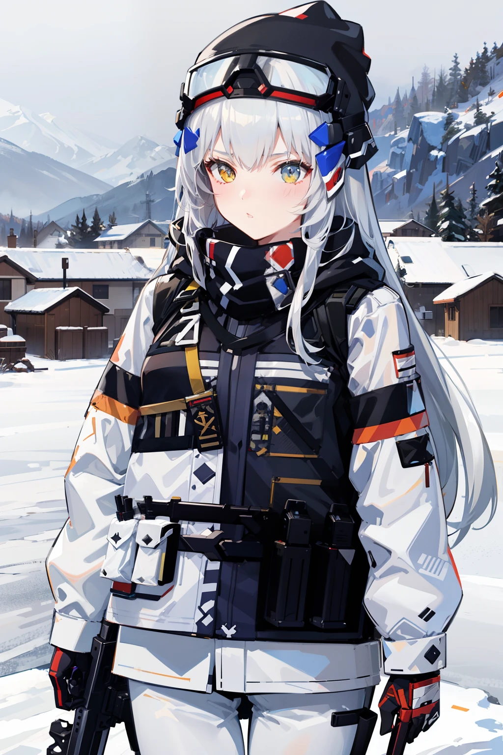 anime girl in winter gear standing in snow with skis, girls frontline style, from girls frontline, m4 sopmod ii girls frontline, fine details. girls frontline, girls frontline cg, girls frontline, kantai collection style, white haired, badass anime 8 k, perfect white haired girl, girls frontline universe, infantry girl, mechanized soldier girl, white-haired