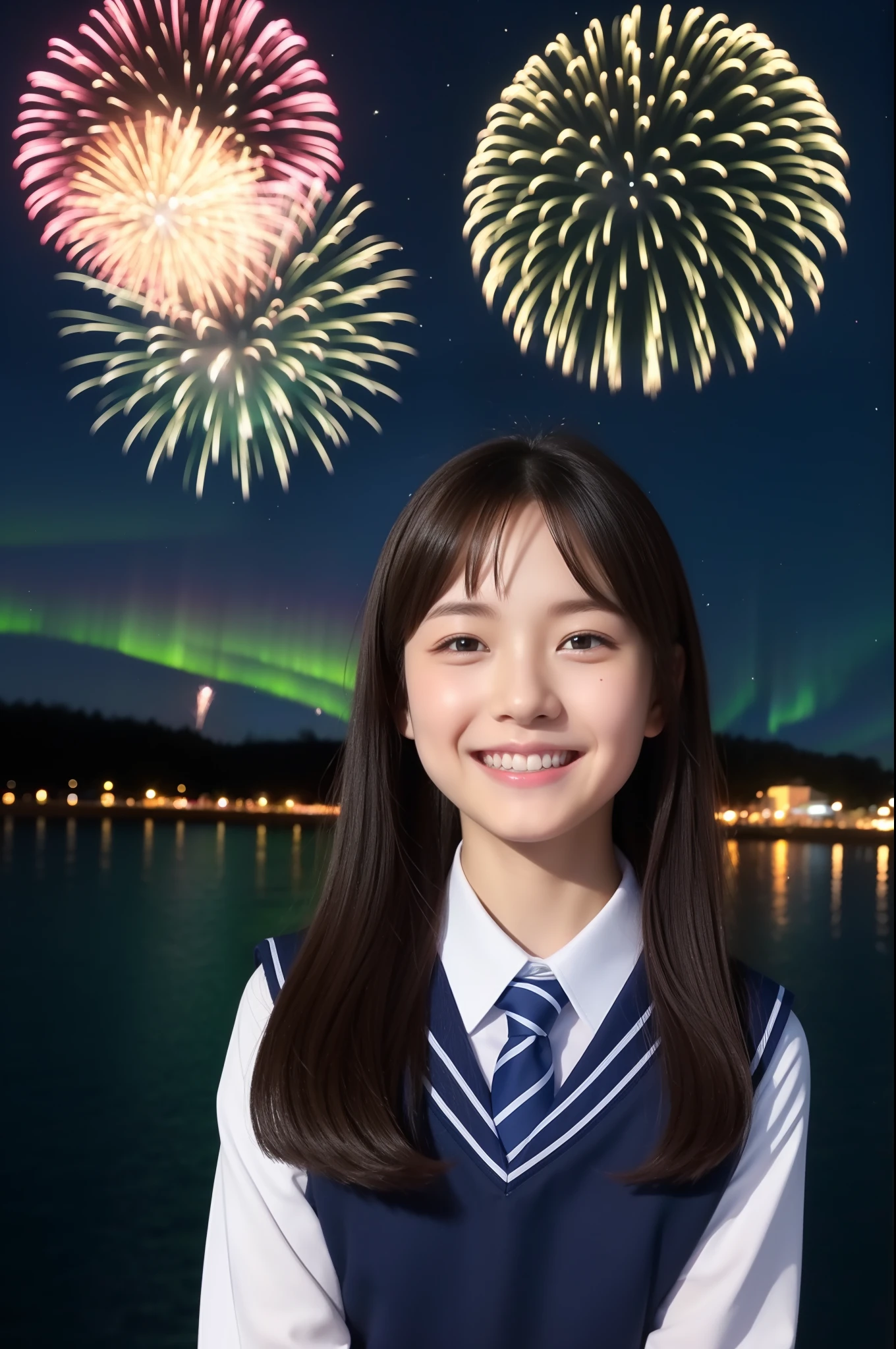 A smile、hi-school girl、校服、While doing fireworks、Aurora