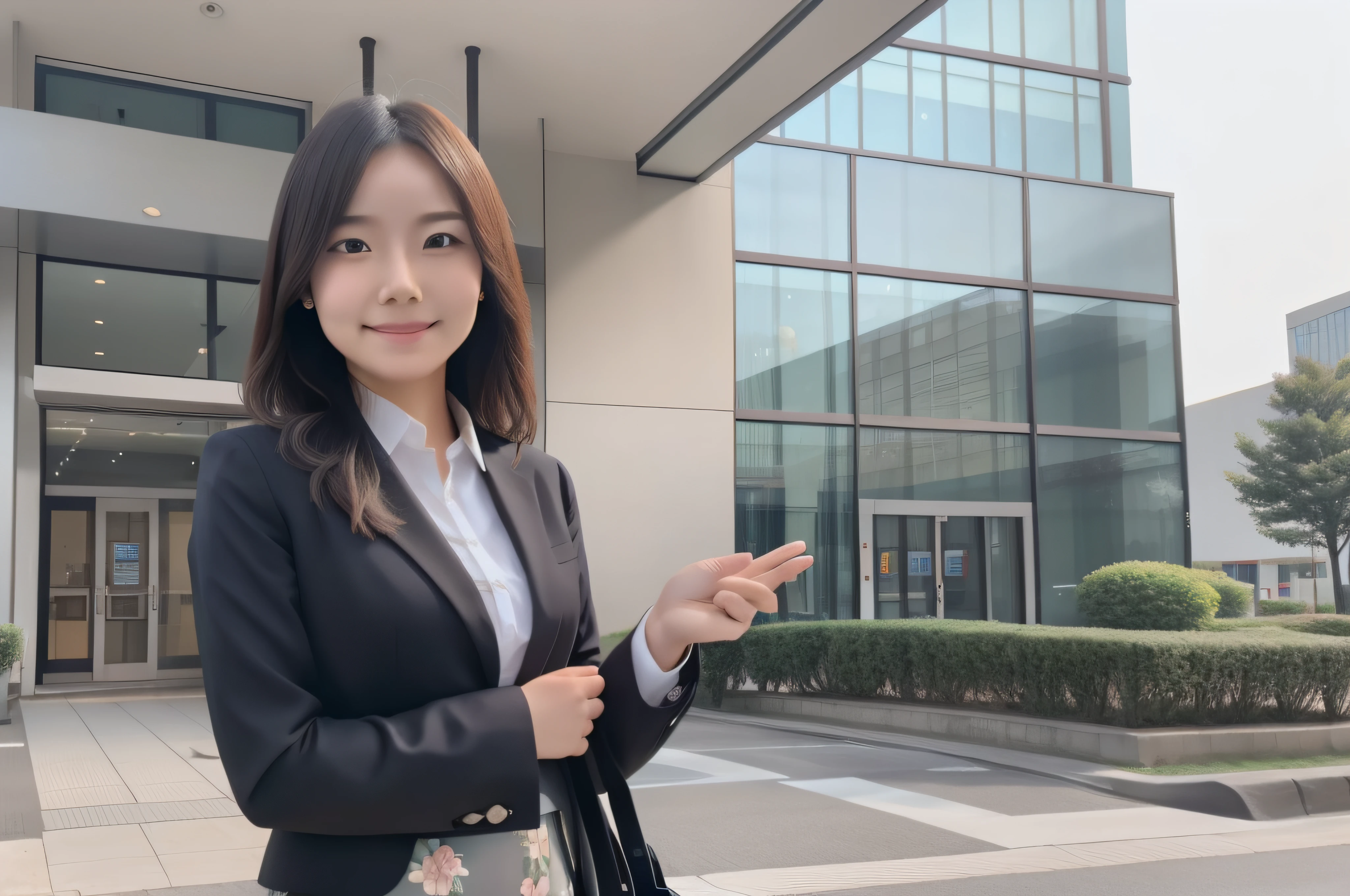 Young woman businesswoman standing confidently with hands folded in front of corporate building。a smile。One business woman。on the road。outside of house。Happy confident positive female entrepreneur。