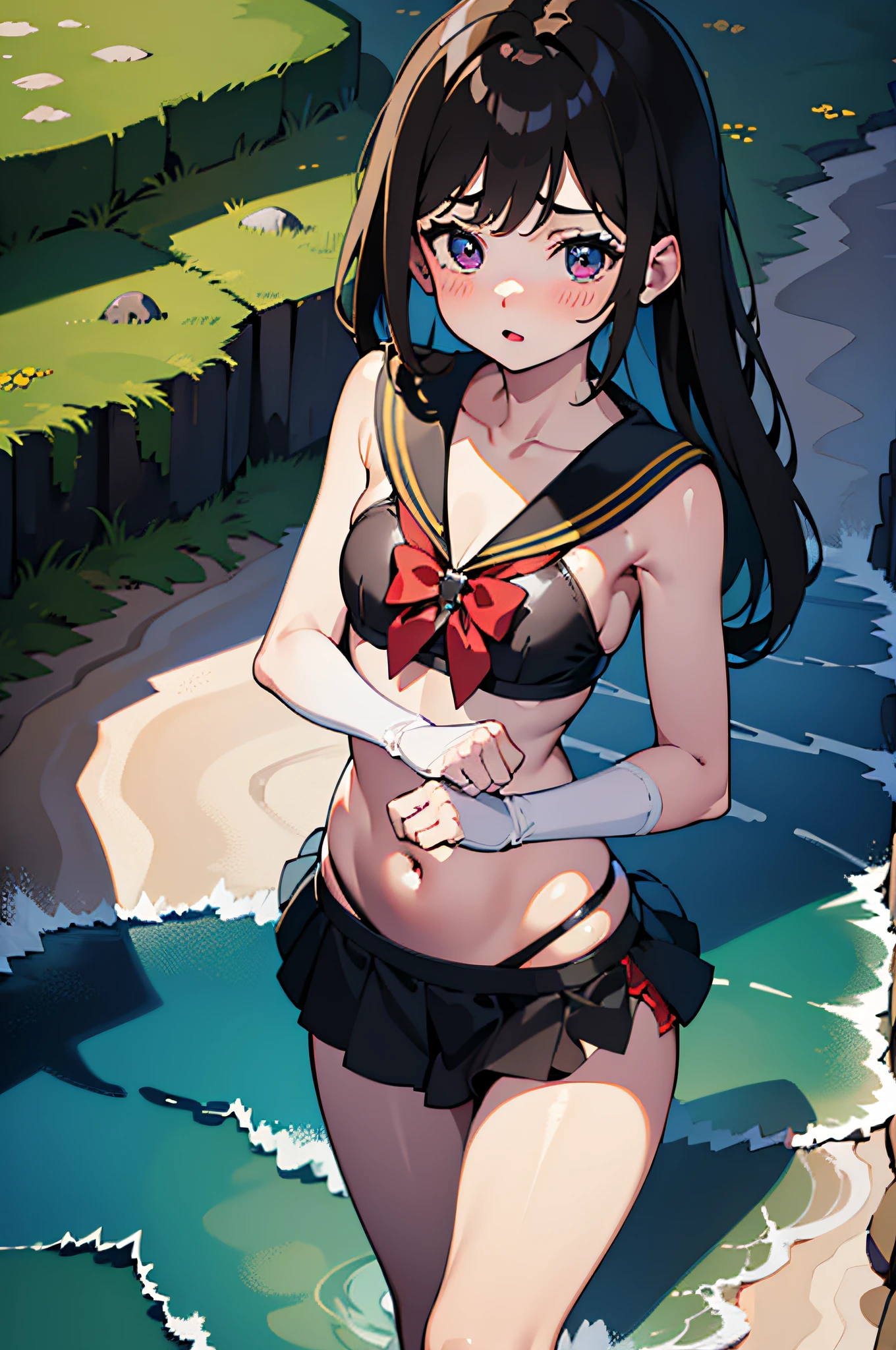 (top-quality:1.1), (​masterpiece:1.4), (absurderes:1.0), portlate, a closeup, 1little girl, Sailor Uranus, KizukiAi,, small tits, Aqua Eye, blonde  hair, Sailor Senshi Uniform, Sailor collar, chest bow, Back ribbon, Appealing skirt, White elbow gloves, Street, a street, alleyway, (red blush:1.2), looking at the viewers, How to take off panties for an erection、Ultra Miniskirt、dynamicposes、(look from down:1.2)、Cameltoe.groin、Navel、Spread legs