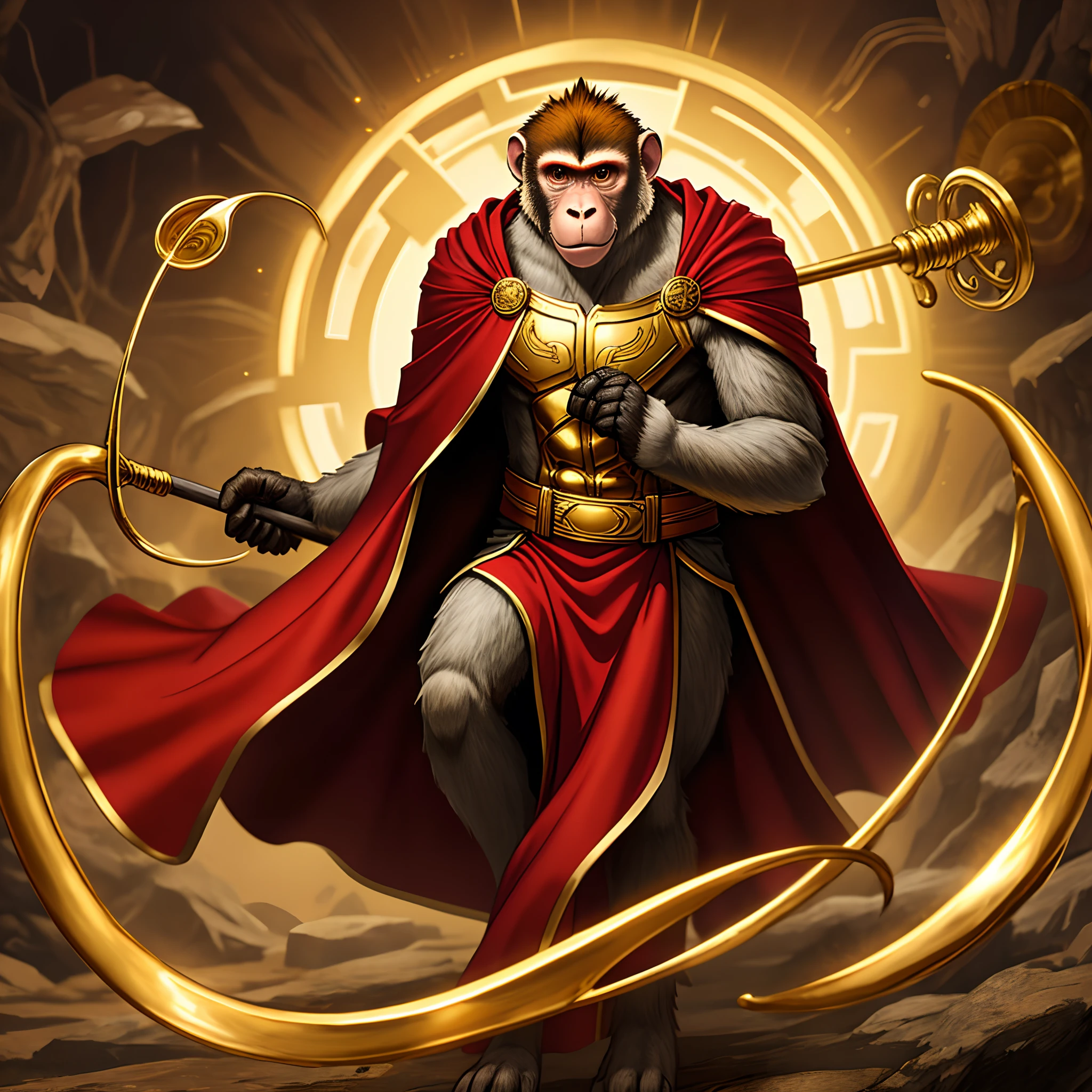 A monkey wears a gold suit, carries a gold hoop rod, and wears a red cloak