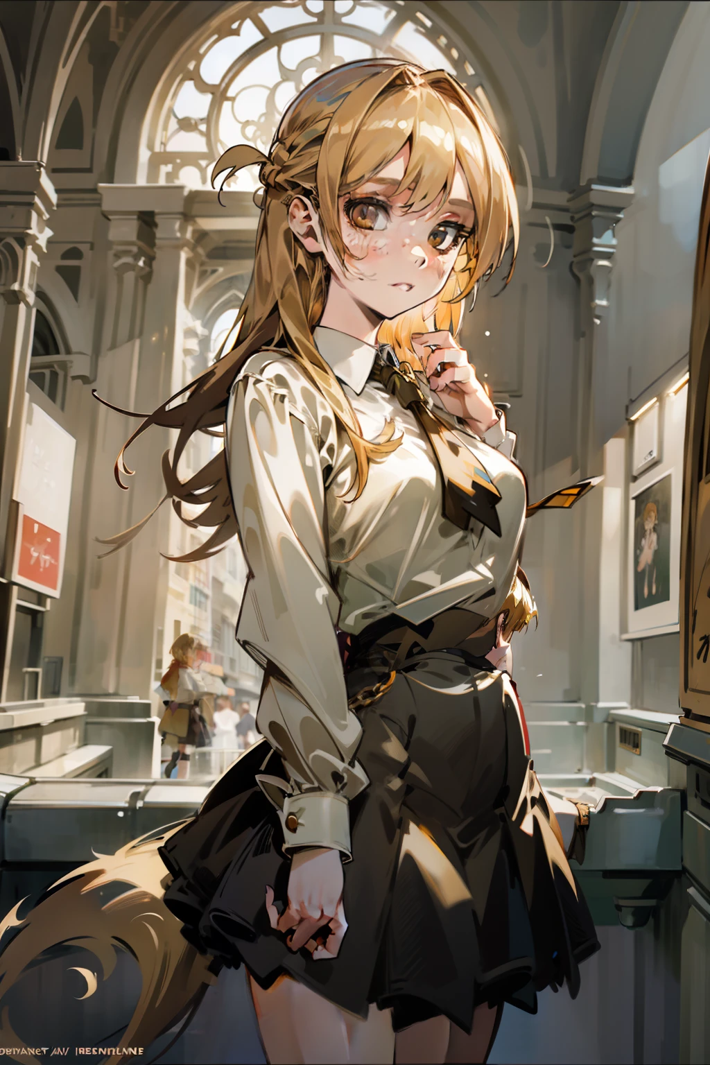 Girl with blonde hair and freckles,Girl standing in town,1girl,Blonde hair,Side tail,offcial art,8k,ultra-detailliert,Beautiful and aesthetic,masutepiece,top-quality,dynamic ungle,cowboyshot,Timosto beautiful Formo of Chaos,Elegant,Abularist design,vivd colour,romanticism,watercolor,Diandl, fantasy,