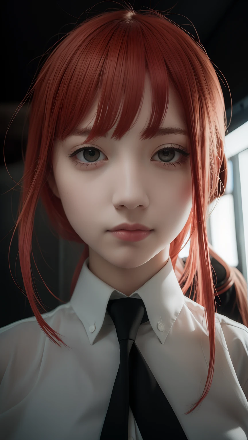 One girl, white shirt, long hair, red hair, realistic, ultra detail, 70mm lens