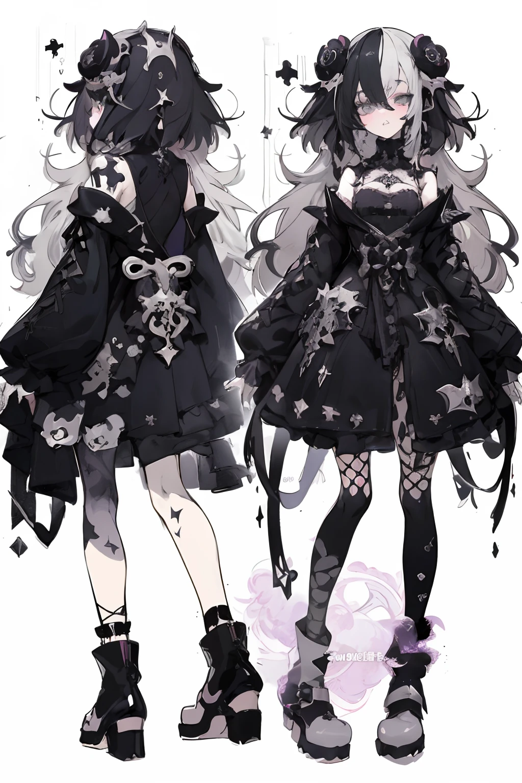 a close up of two anime characters wearing gothic clothing, witchcore clothes, anime full body illustration, 1 7 - year - old anime goth girl, outfit design, gloomy style, full body illustration, full body adoptable, pretty anime character design, gothic maiden anime girl, detailed full body concept, fullbody commission for
