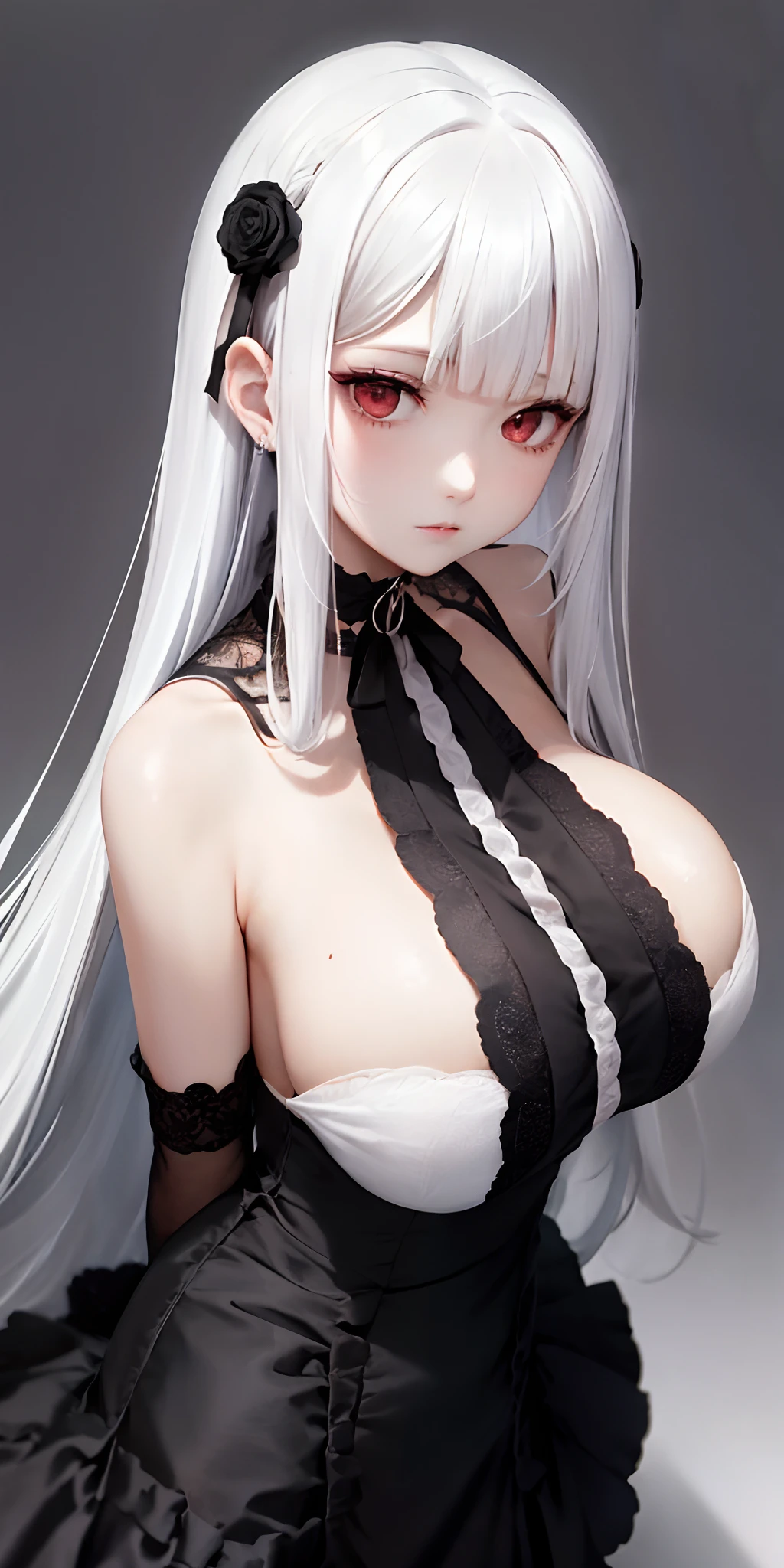 [monochromes:Subdued Color:0.6] theme, (masutepiece), (Best Quality), (Detailed), Light Layer, Lustrous skin, (intricate-detail , taut clothes, ), From  above, White hair, Black Choker, Long hair, hime-cut, Blunt bangs, side locks, Red Eyes, ,, (maturefemale:1.1),    (Simple background:1.1),tiered dress、Tiered One Piece、frontage、low angles、Front Angle、symmetry、huge tit