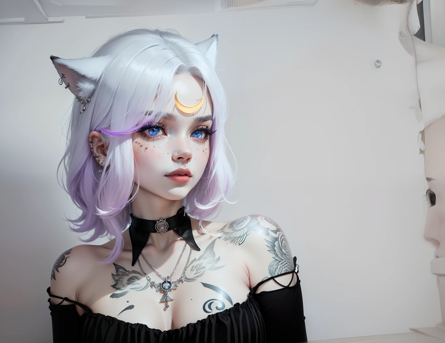 (Anthropomorphic wolf cute cub) orelhas de lobo,com um corce preta, um olho azul e outro branco , heterocromia nos olhos ,cabelo platinado curto cacheados com pontas roxas,bad girl, Moon birthmark on forehead 🌕🌙, Hibrido,jovem, retrato, busto, postura de frente para a camera, Cartoon, vestido como uma vesater roqueira metaleira dos anos 80 obra prima, postura de confiante, youtuber, fleshy lips , piercings no nariz e nas orelhas de lobo, tatuagens pelo corpo, tattoo de lua 🌙 acima dos seios,asas de anjo negro nas costas, e coleira , dark purple choker on neck, Hand with drag gloves, colares , piercings