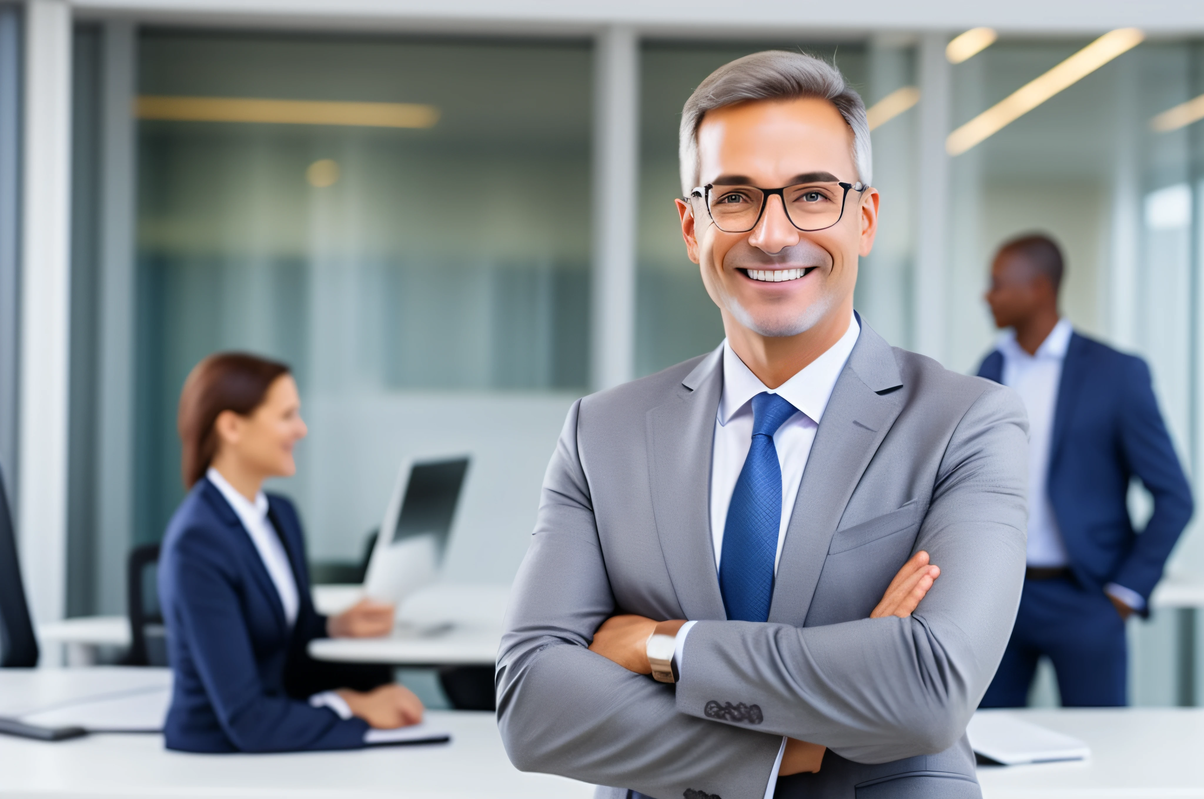 Happy middle aged business man ceo standing in office arms crossed. Smiling mature confident professional executive manager, proud lawyer, businessman leader wearing gray suit.