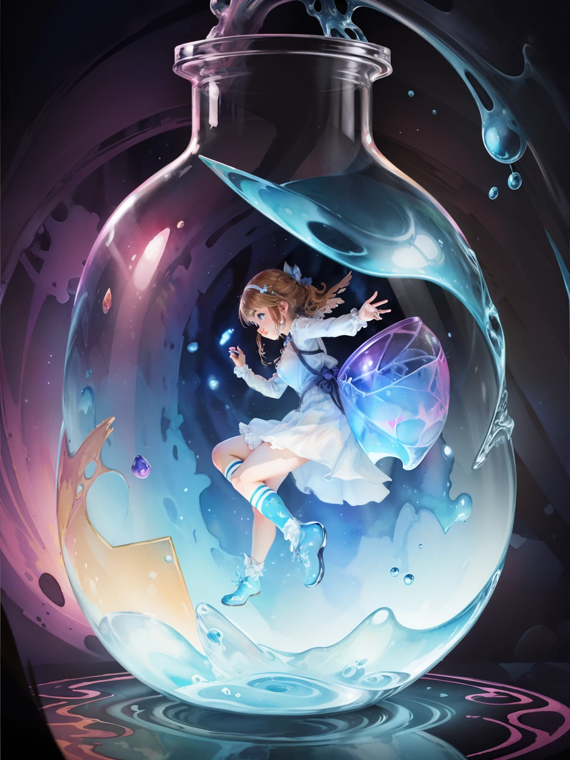 ((One girl lives in a glass jar:1.1)), Girl is facing the camera、winged, (watercolor paiting, Geometry)