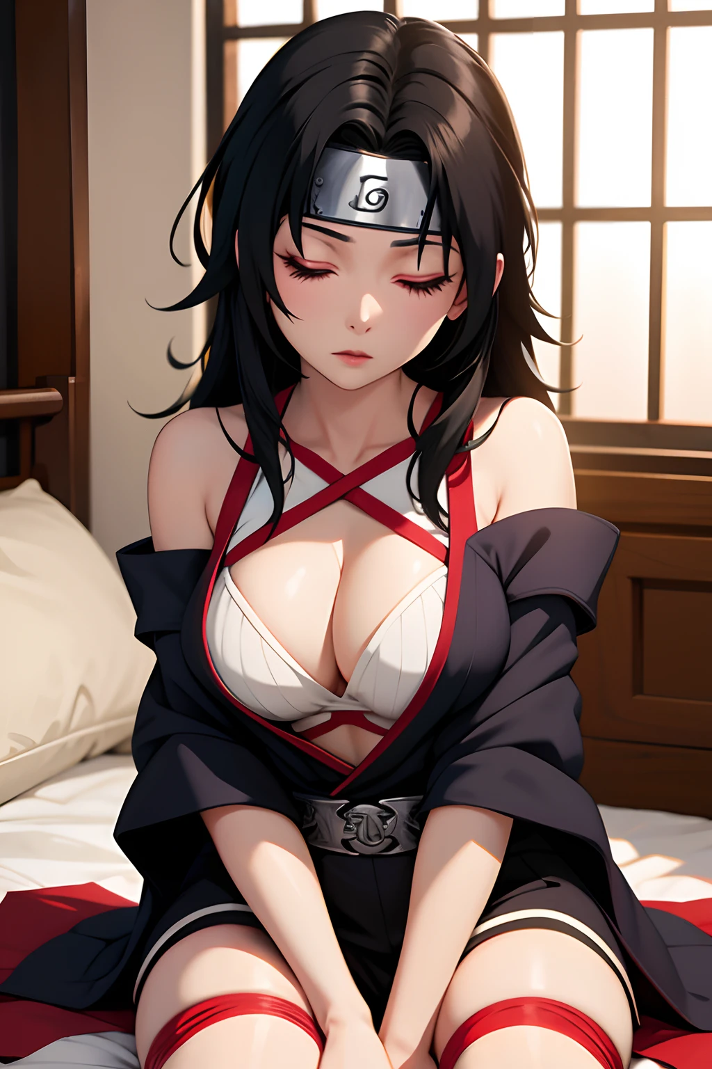 nar_kurenai_yuhi，Forehead protection，bandagens，full bodyesbian，red eyes，wariza，Off-the-shoulder attire，cleavage，little breast, asleep, deep sleep, both eyes closed, sitting