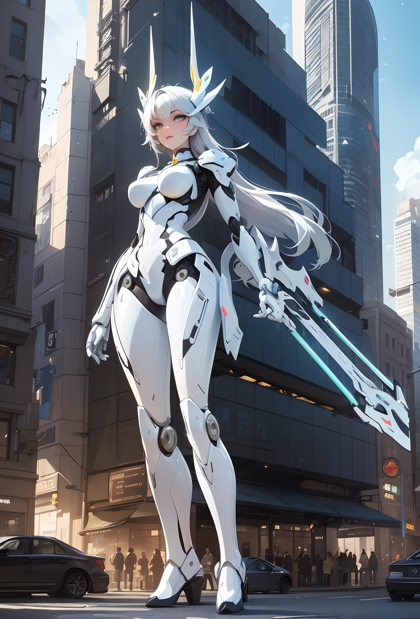 (Artwork of exceptional craftsmanship),(Detailed illustrations,(Very ideal anatomy),Very detailed and detailed drawing,Delicate lines with slow and rapid,(Realistic texture expression)),[Color tressed main line],[Skyscrapers of a modern city can be seen in the distance], ((ANIME)) (Giant white ROBOTGirl SKINNY towering over the building street [Total length 40 meters]),[AUTOMATON] (ROBOT FACE [Luminescent eyes]) [Chain-shaped hair] (Delicate thin fingers) (MACHINEKNIGHT [Titanium skeleton]),[It is called the princess lily of white porcelain] Large crown with large raised shoulder rests (Elegant appearance with a lot of curved surfaces Smooth body surface) (Ruffle Petticoat) [White lily pattern],[[TITANWEAPON]] Mecha Body Metal Skin [Cable running down the body surface [gear wheel]],[Platinum coating],[Science Fiction Mechanical],(Huge feeling),(Perfectly proportioned),(Fine and beautiful skin expression [realistic skin detail]),[Design built to the highest level,[Advanced structural understanding of materials],Ideal color coordination],(Intricate and beautiful decoration [Dense detail]),(More on shiny hair),[Perfect hand details [Beautiful Finger]],(Beautiful perfect face [Realistic face details]),[Clear gaze],[long and beautiful eyelashes],[Perfect eye details (Eyes beautifully drawn down to the smallest detail)],(detaileds,high-detail),([Precision Detail],[multi-layer texture],HighQuality,hight resolution),[(Accurate simulation of light-material interactions),Understanding Airflow,Mechanically correct representation],[Visual art that conveys a sense of narrative] [Full body like],[[Desaturation]].