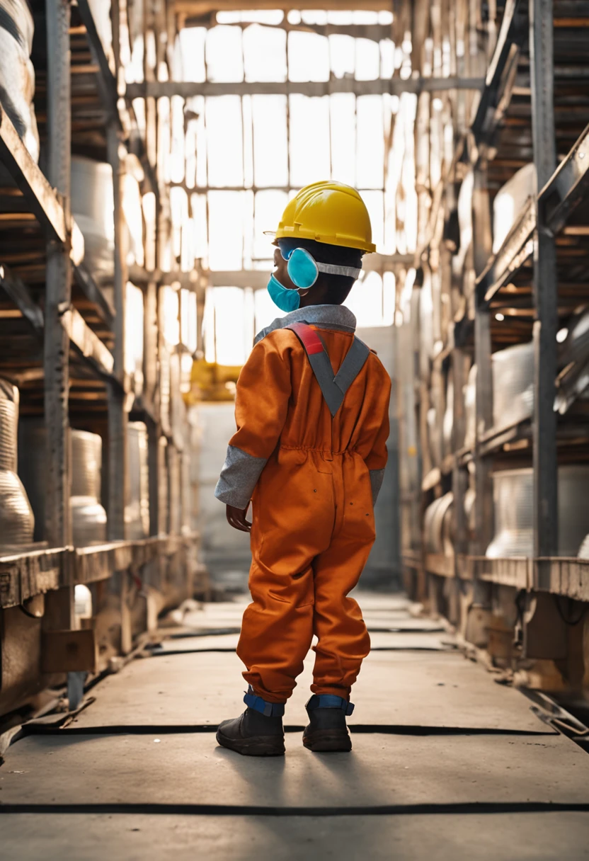 a black child dressed in PPE (capacete, corda, WMASK, eyeglass, Work safety clothing to enter the grain silo), at the bottom of a grain storage unit, hq anime, 4k