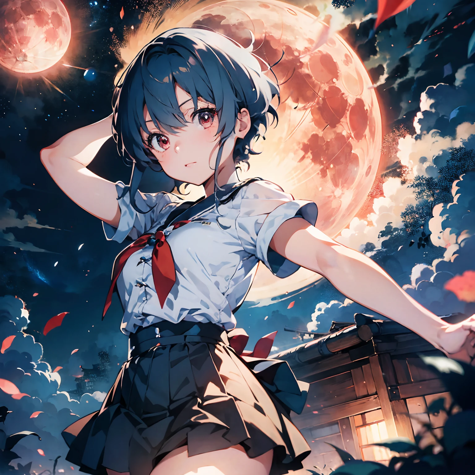 Masterpiece, High quality, best detail, Japanese anime illustration, A beautiful woman with short light blue hair and red eyes in uniform, Random pose, (Background:Big Red Moon)