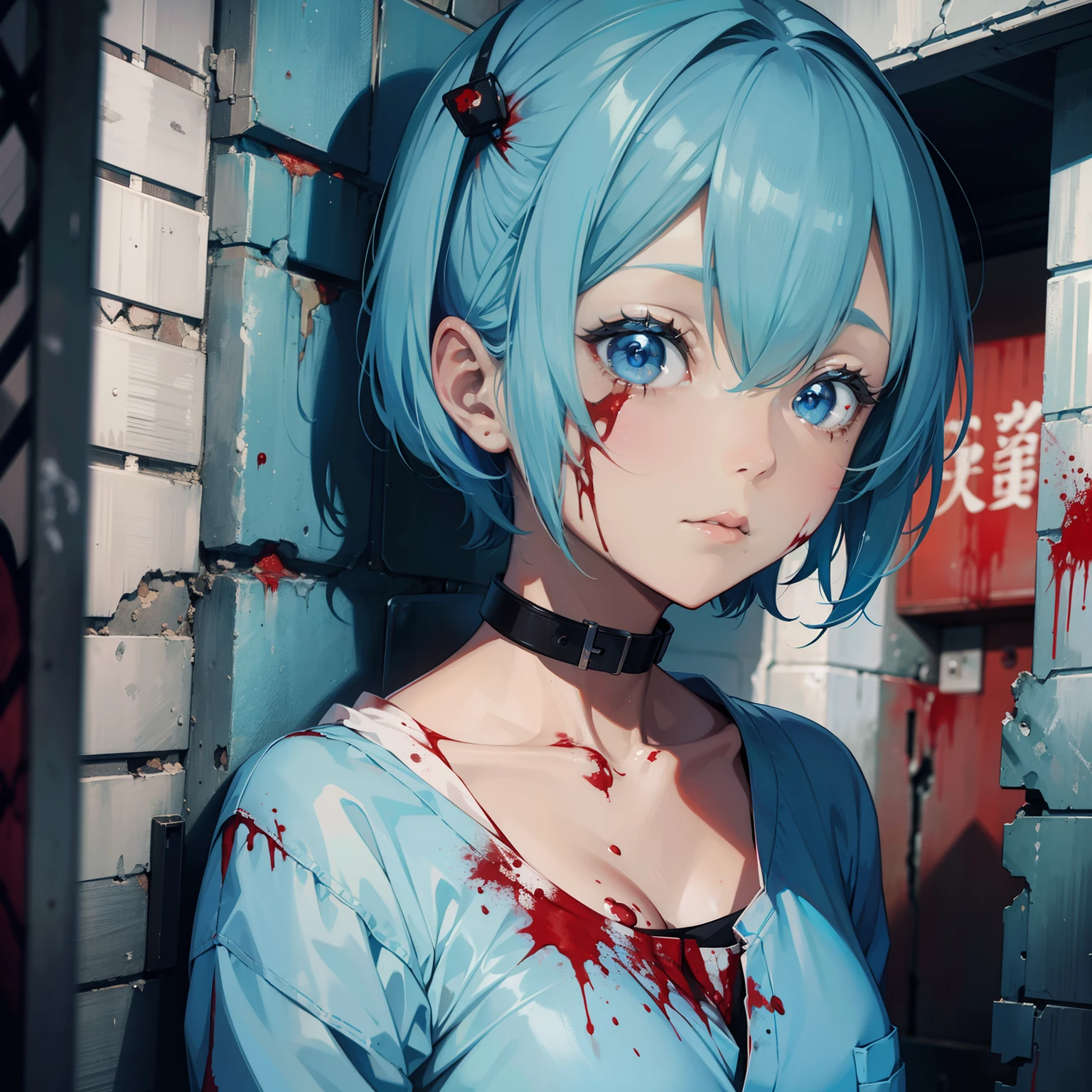 masterpiece, high quality, best detail, japanese anime illustration, a woman with light blue short hair, crazy look, bare hangs, blood splattered on face, collar, (dark depiction),  (background:prison, blood stain)