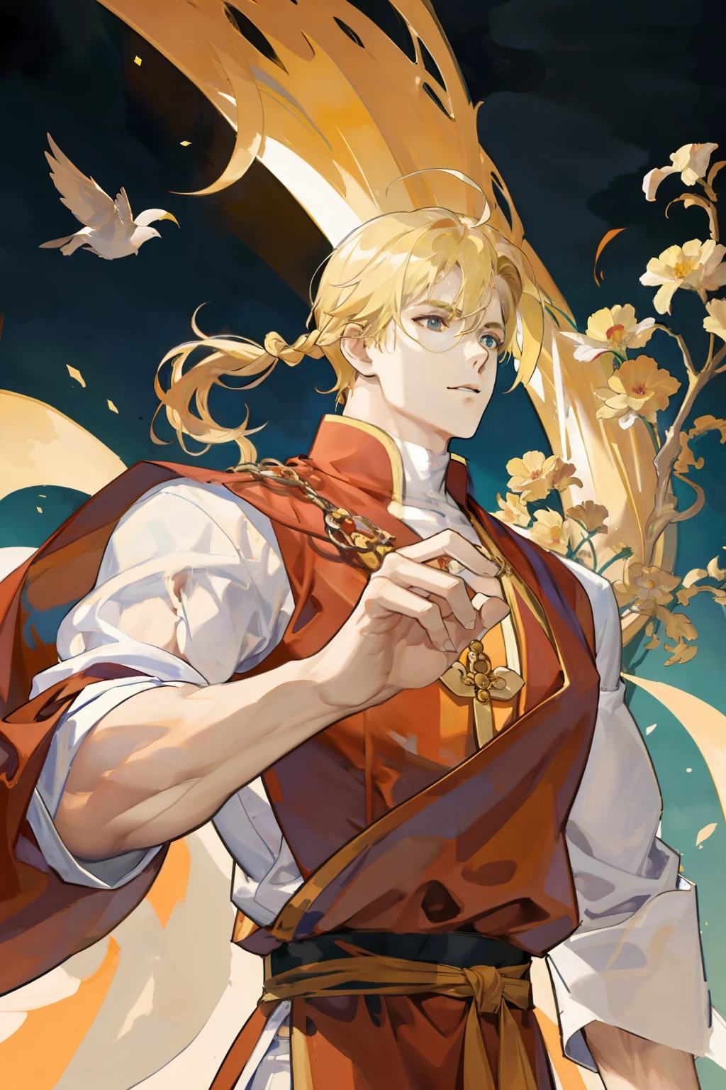 masterpiece, best quality, 1 male, adult, mature, tall muscular guy, buddhist monk theme, long blonde hair, (upper body)