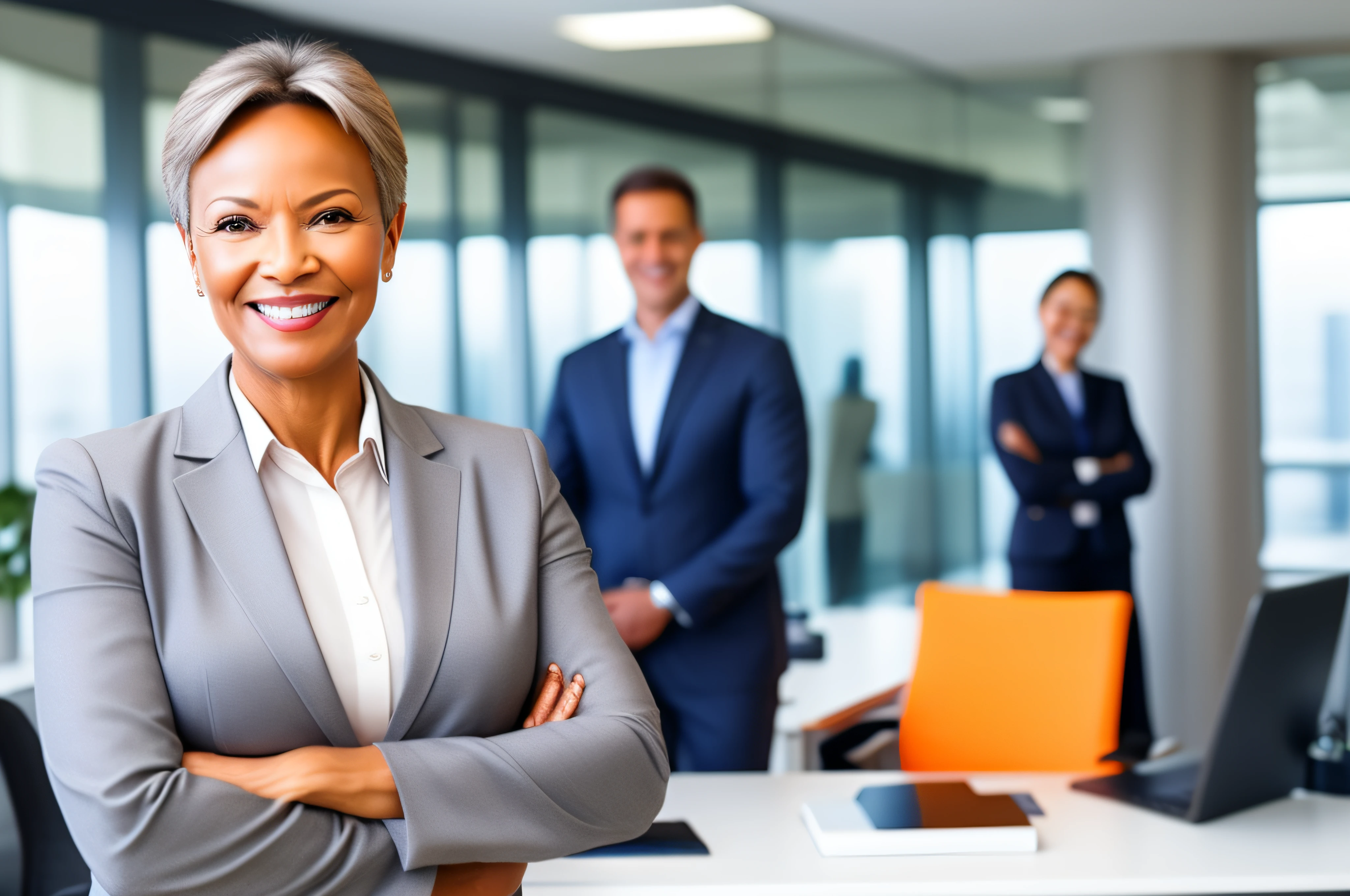 CEO of happy middle aged businesswoman、Standing in office with arms crossed、Mature and confident professional executive manager with a smile、Leader of a businessman in a gray suit、