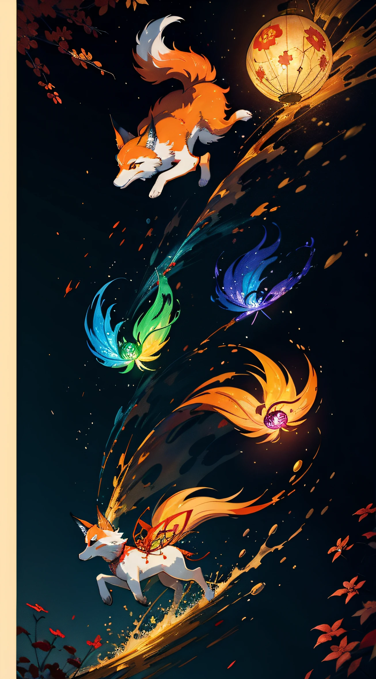 Nine tails Fox, Mid-Autumn Festival, fireworks, fireflys, splash light, watercolors paint, vivid colors