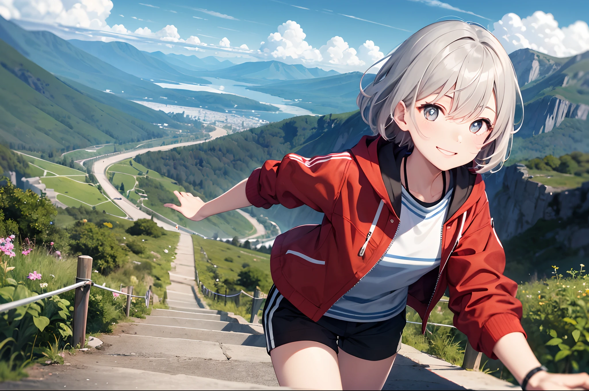 A girl in a red jacket and black underwear faces the mountains
Look back and smile with brown pupils
Short gray hair flying
The mountains behind the girl are undulating, blue sky and white clouds