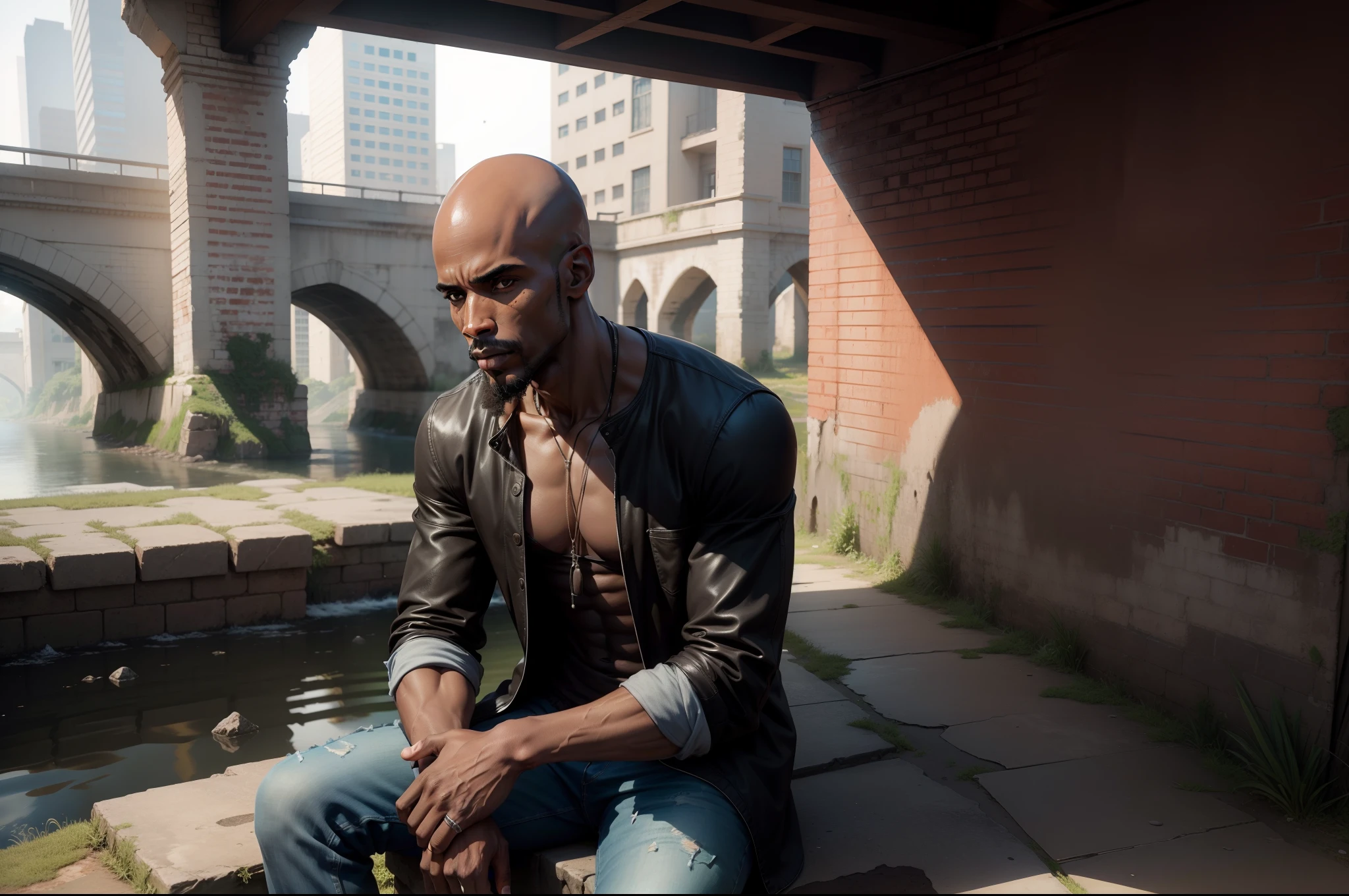Ultra realistic 8k image of a black man, bald, very thin body, dressed in dirty clothes, sitting on a brick under an old bridge
