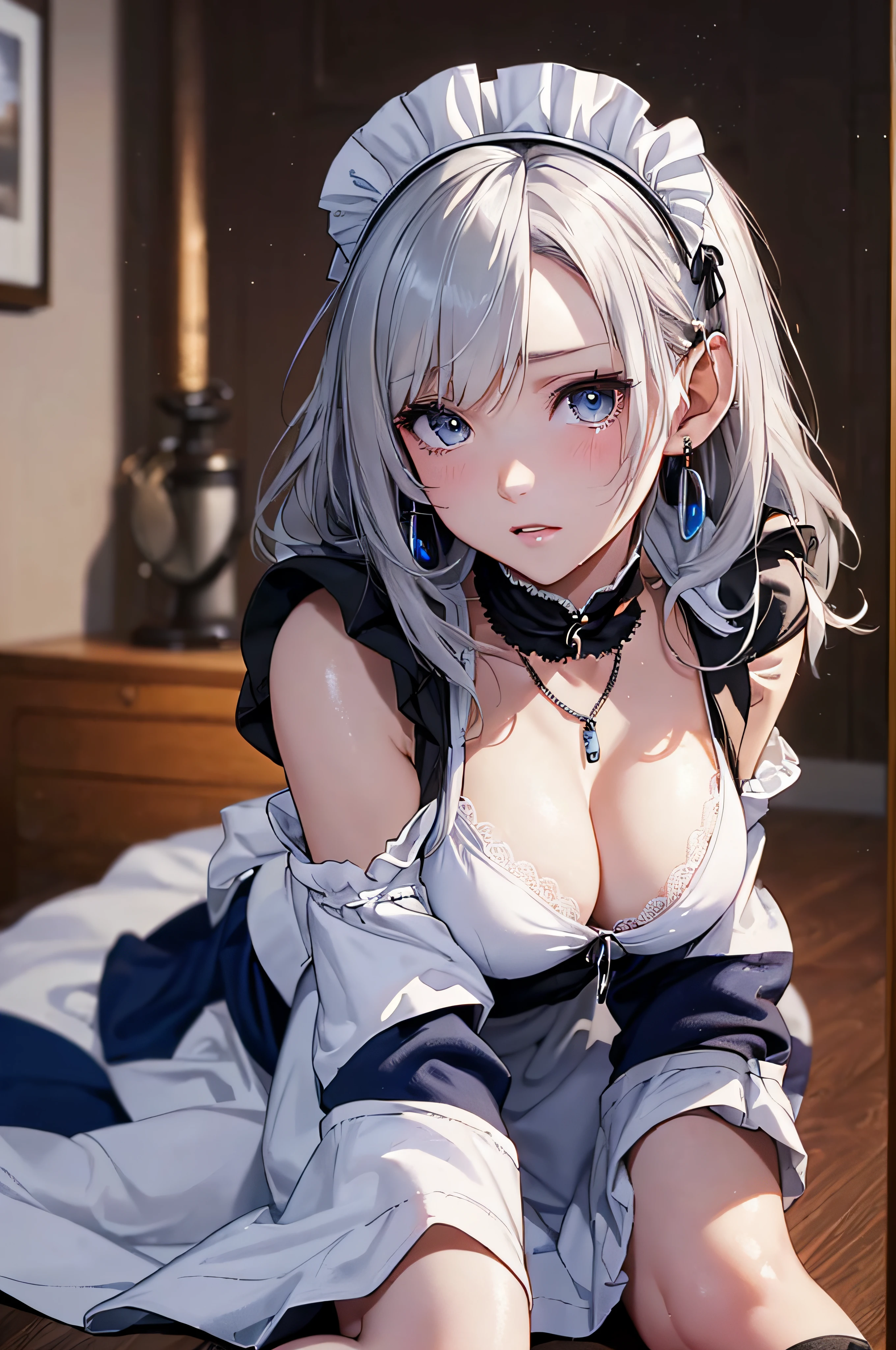 (masutepiece: 1.3), (max resolution: 1.2), (Ultra HDTV: 1.2), cinematric light, 8K resolution,
Detailed eyes and skin, detailed facial features, , (Sharp Focus: 1.2）, (Focus on Face:1.2),Perfect Style, Beautiful face, acurate, Anatomically correct, Highly detailed face and skin texture, Detailed eyes, Double eyelids, Thin eyebrows, Glitter Eyeliner: 1 Natural cheeks, Glossy skin, Fair skin: 1.2, (Glossy lips: 1.4),、 (Shy look: 1.2),Highly detailed facial and skin texture, Detailed eyes, Double eyelids, Natural cheeks, , shiny lips: 1.4,Exposed cleavage、（A large amount of sperm in the chest:1.4）（Large amount of sperm in the thighs:1.2）、
red blush、humiliated、impatience、dismay、Frightened、glares、Tears、embarrassed from、Open knees、open one's legs、Masturbation behavior、masturbation、rubbing the genitals with fingers,,,,,,,、
White underwear、White bra、Shiny little earrings and necklaces、、Disheveled clothes、Dressing、Exposed panties、Wearing sweat、sodden、Sheer underwear、
25 years old, femele 、Wavy Hair、 Semi-long hair, Big, upturned breasts, Sitting in bed, Bedroom,Silver-white hair、blue eyes、(maid clothes:1.6)、