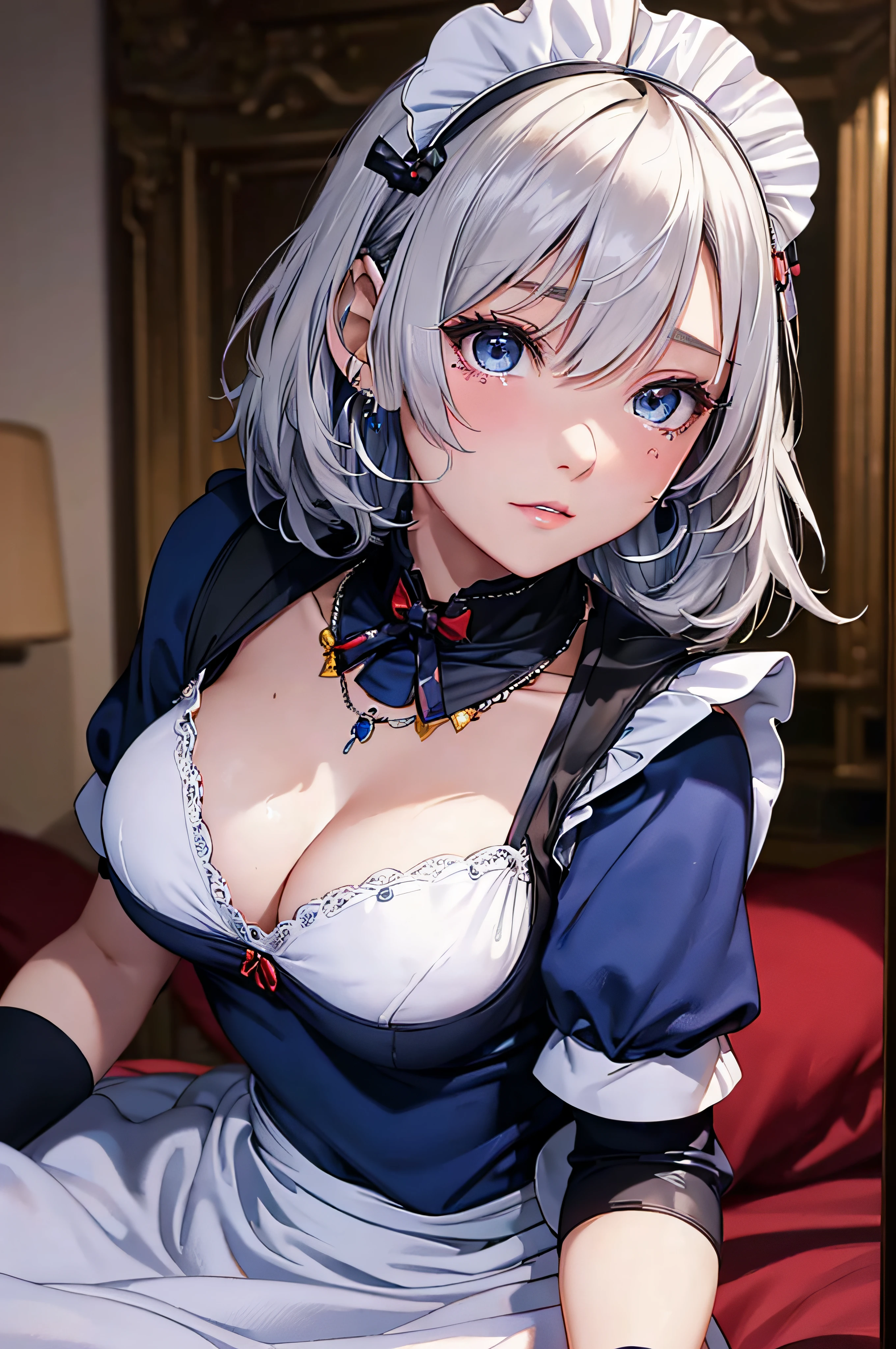 (masutepiece: 1.3), (max resolution: 1.2), (Ultra HDTV: 1.2), cinematric light, 8K resolution,
Detailed eyes and skin, detailed facial features, , (Sharp Focus: 1.2), (Focus on Face:1.2),Perfect Style, Beautiful face, acurate, Anatomically correct, Highly detailed face and skin texture, Detailed eyes, Double eyelids, Thin eyebrows, Glitter Eyeliner: 1 Natural cheeks, Glossy skin, Fair skin: 1.2, (Glossy lips: 1.4),、 (Shy look: 1.2),Highly detailed facial and skin texture, Detailed eyes, Double eyelids, Natural cheeks, , shiny lips: 1.4,Exposed cleavage、(A large amount of sperm in the chest:1.4)(Large amount of sperm in the thighs:1.2)、
red blush、humiliated、impatience、dismay、Frightened、glares、Tears、embarrassed from、Open knees、open one's legs、Masturbation behavior、masturbation、rubbing the genitals with fingers,,,,,,,、
White underwear、White bra、Shiny little earrings and necklaces、、Disheveled clothes、Dressing、Exposed panties、Wearing sweat、sodden、Sheer underwear、
25 years old, femele 、Wavy Hair、 Semi-long hair, Big, upturned breasts, Sitting in bed, Bedroom,Silver-white hair、blue eyes、(maid clothes:1.6)、