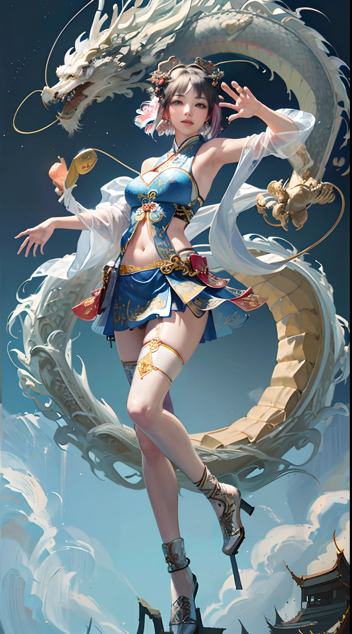 Official Art, Unified 8K Wallpapers, Ultra Detailed, Beautiful and Aesthetic, Masterpiece, Best Quality, (Zentangle, Tangle, Entangle), (fractal art: 1.4), 1girl, black hair, Chinese, bare shoulders, short skirt, calf, navel, very detailed, dynamic angle, cowboyshot, (most beautiful form chaos), flowing, (bright colors), oc, (half: 1.2), china, (thangka flying sky: 1.5), (ribbon: 1.3), (dream: 1.5), (hanfu: 1.5), Chinese dragon, Chinese phoenix, (smile: 0.5), (Chinese deity),