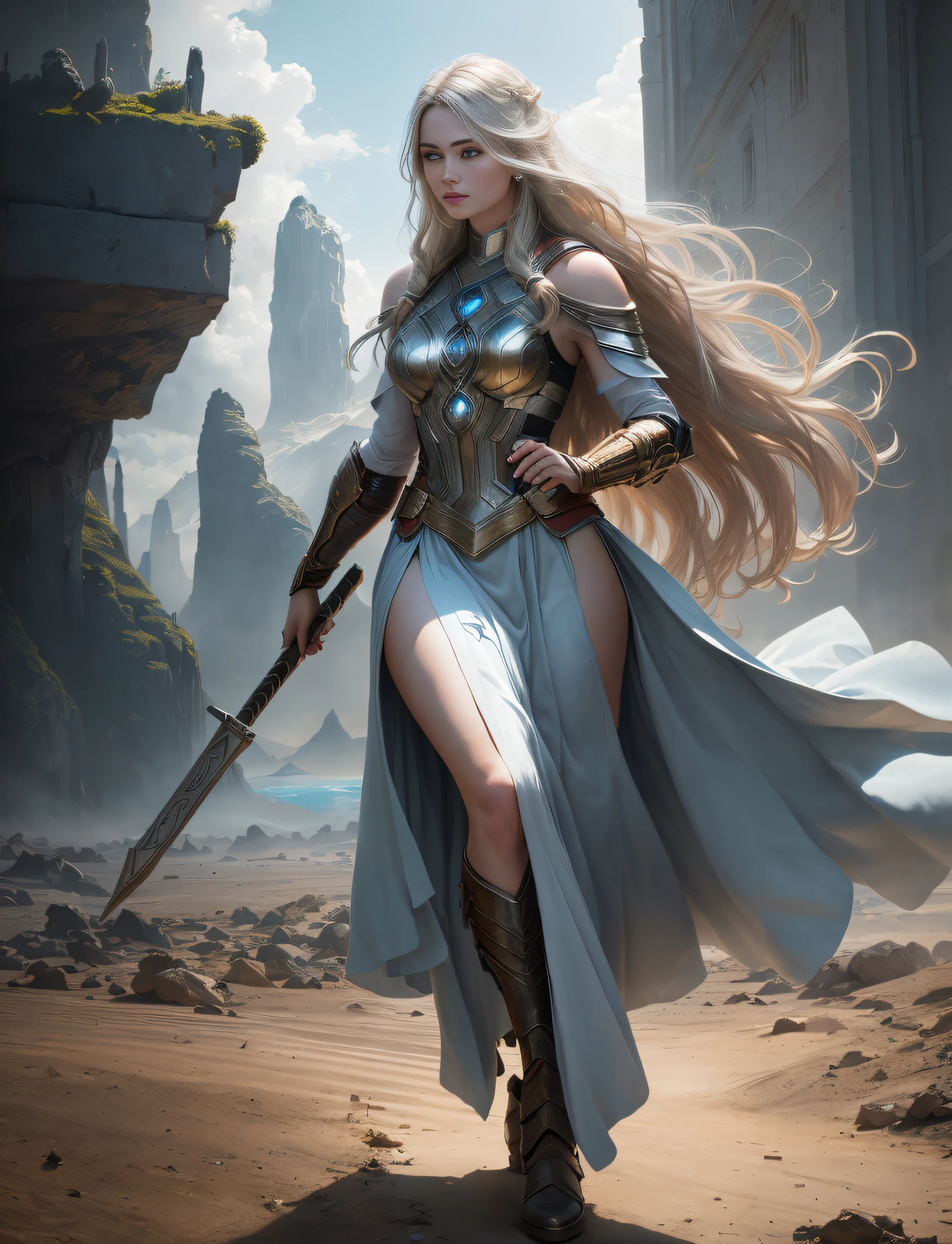 Realistic character shooting, set in the sci-fi film planet Asgard, the protagonist is a woman with Thor, complex long hair, delicate face, flowing figure, gorgeous walking stick, luminous body