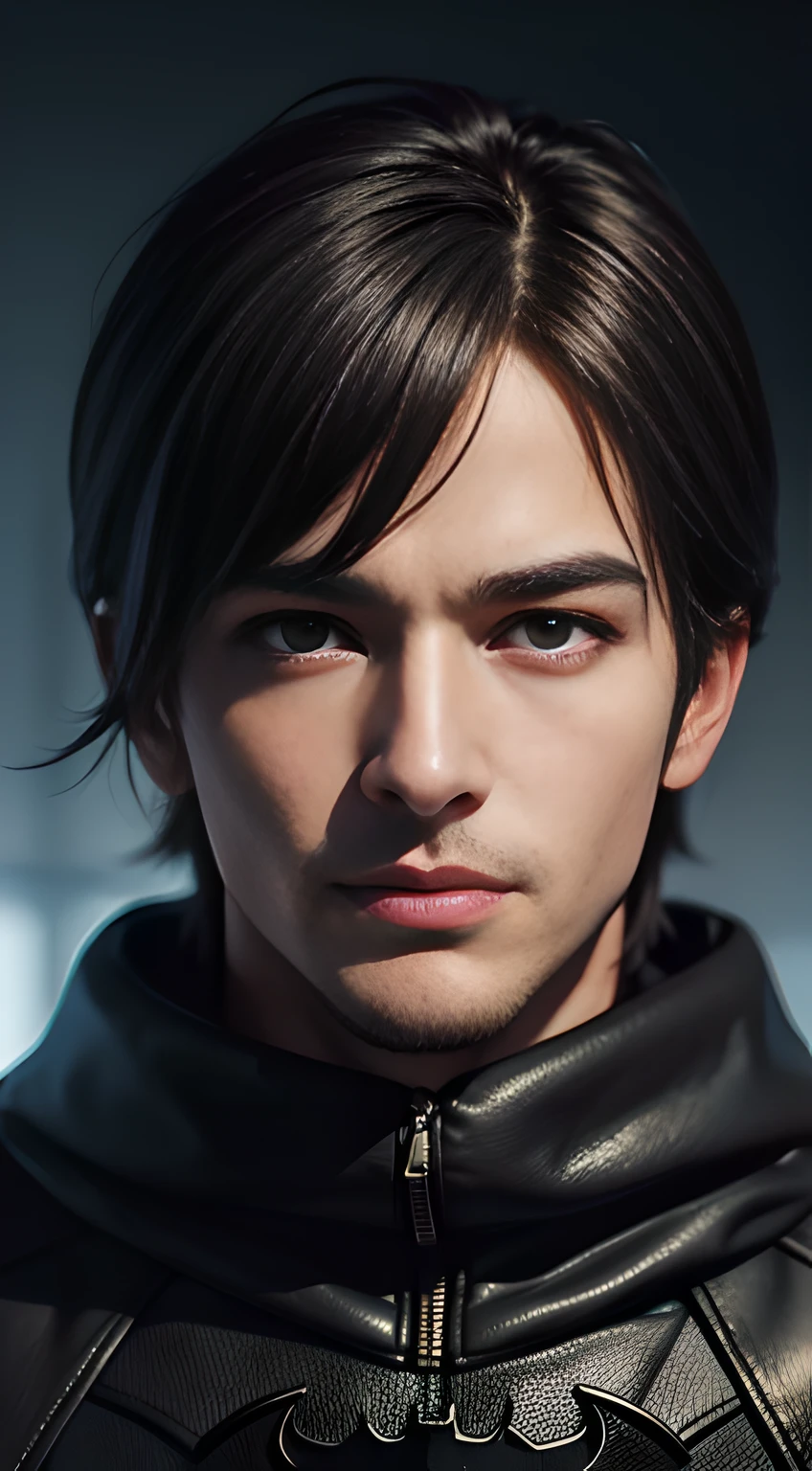 ((Men only)), (head shot), (handsome muscular man in his 20s), (batman), (Batman's appearance is characterized by a black cowl, cape, and suit, adorned with a distinctive bat emblem, exuding an aura of dark vigilance and mystery), (Leon Kennedy), (Mischievous smile), (detaile: 1 in 1), Natural muscles, HIG quality, beautidful eyes, (Detailed face and eyes), (Face、: 1 / 2), Noise, Real Photographics、... .................................................................................................................PSD, Sharp Focus, High resolution 8K, realisitic & Professional Photography, 8K UHD, Soft lighting, High quality, Film grain, FujifilmXT3