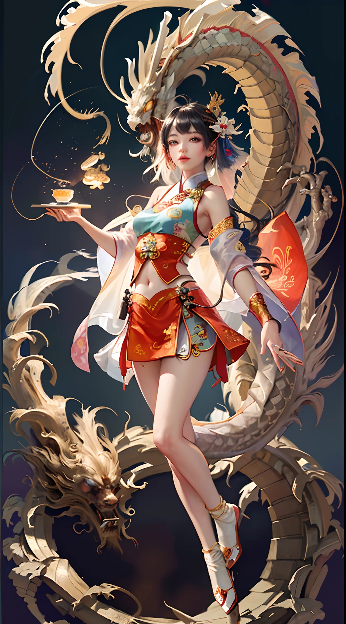 Official Art, Unified 8K Wallpapers, Ultra Detailed, Beautiful and Aesthetic, Masterpiece, Best Quality, (Zentangle, Tangle, Entangle), (fractal art: 1.4), (character center: 1.3), 1girl, black hair, Chinese, off-the-shoulders, short skirt, calf, navel, very detailed, dynamic angle, cowboyshot, (most beautiful form of chaos), ethereal, (bright colors), oc, (half: 1.2), china, (thangka flying sky: 1.5), (ribbon: 1.3), (dream: 1.5), (hanfu: 1.5), Chinese dragon, Chinese phoenix, (smile: 0.5), ( Chinese deities),