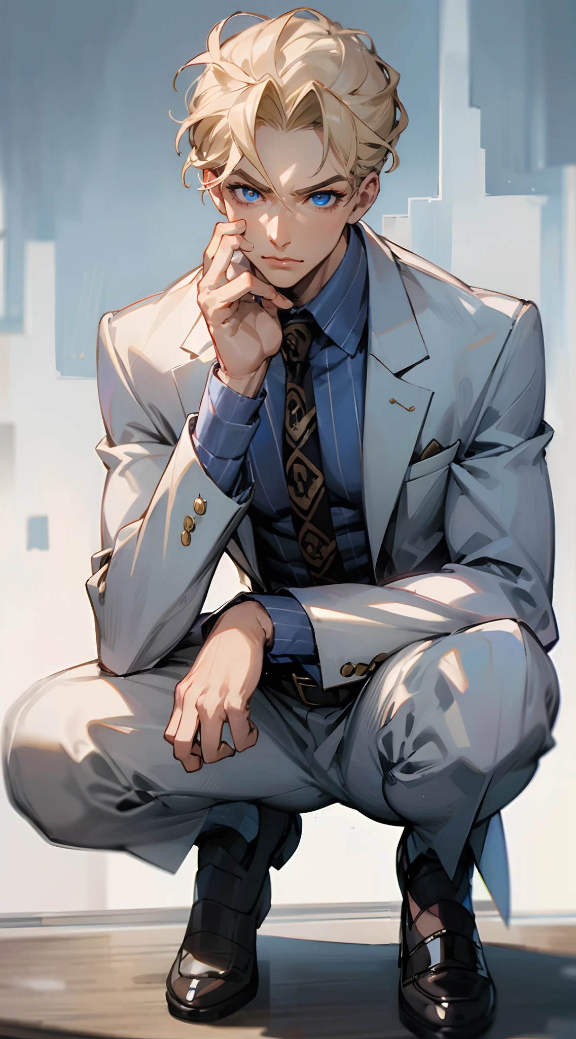 kirayoshikage, kira yoshikage, 1boy, blonde hair, short hair, mature male, cheekbones, blue eyes,
BREAK belt, formal, necktie, shoes, suit, white suit
BREAK looking at viewer, angry
BREAK outdoors, park,
BREAK (masterpiece:1.2), best quality, high resolution, unity 8k wallpaper, (illustration:0.8), (beautiful detailed eyes:1.6), extremely detailed face, perfect lighting, extremely detailed CG, (perfect hands, perfect anatomy), squatting