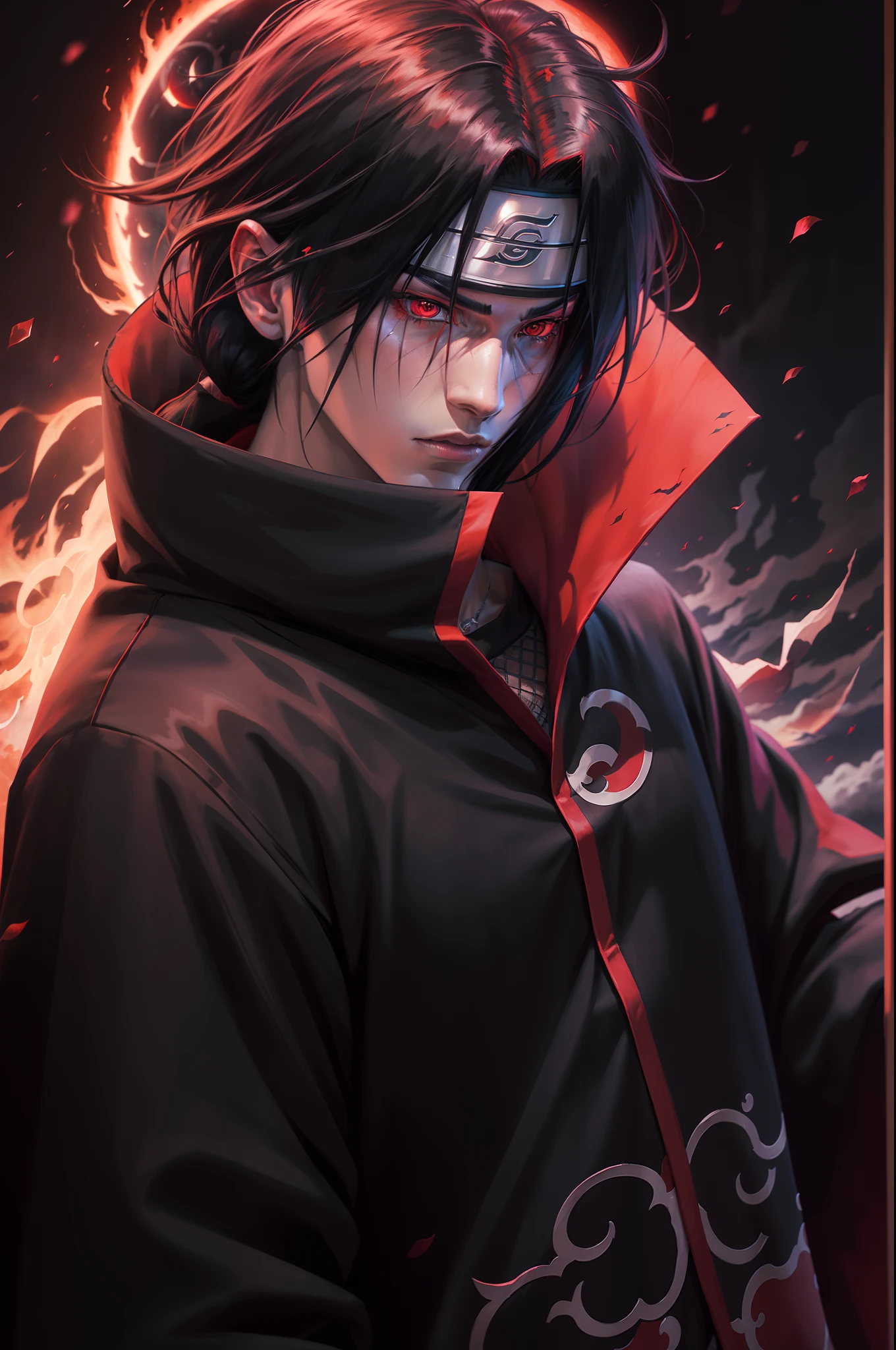 a young man covered in black cape with red cloud drawing or akatsuki robe from naruto, itachi uchiha, itachi, akatsuki akira, itatchi uchiha, epic digital art illustration, shinobi, naruto artstyle, no headband, red moon in the background, red theme, from naruto, long hair, covered in red flame