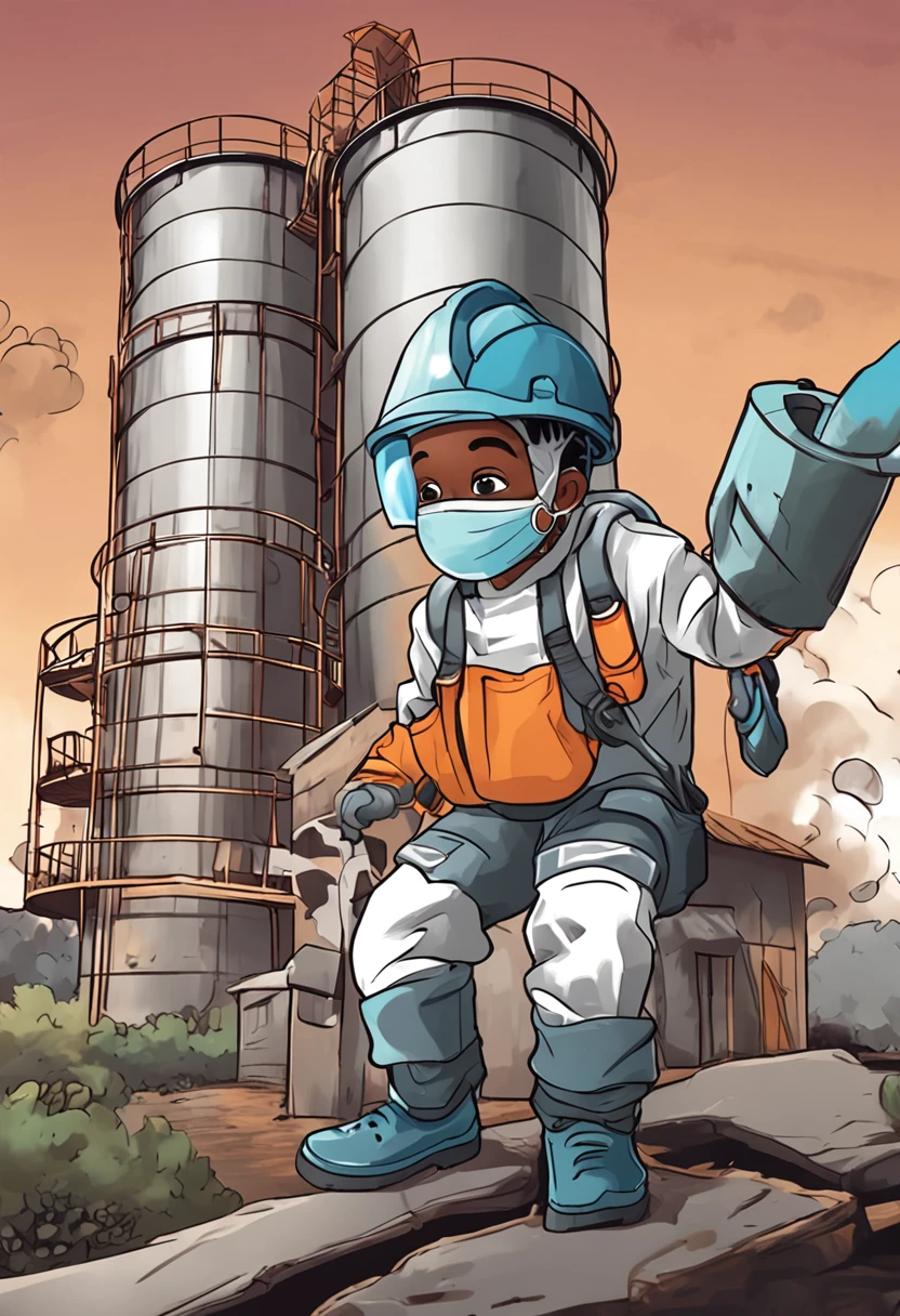 a black  dressed in PPE (capacete, corda, WMASK, eyeglass, Work safety clothing to enter the grain silo), The backdrop has silos and grain dryer, hq anime, 4k