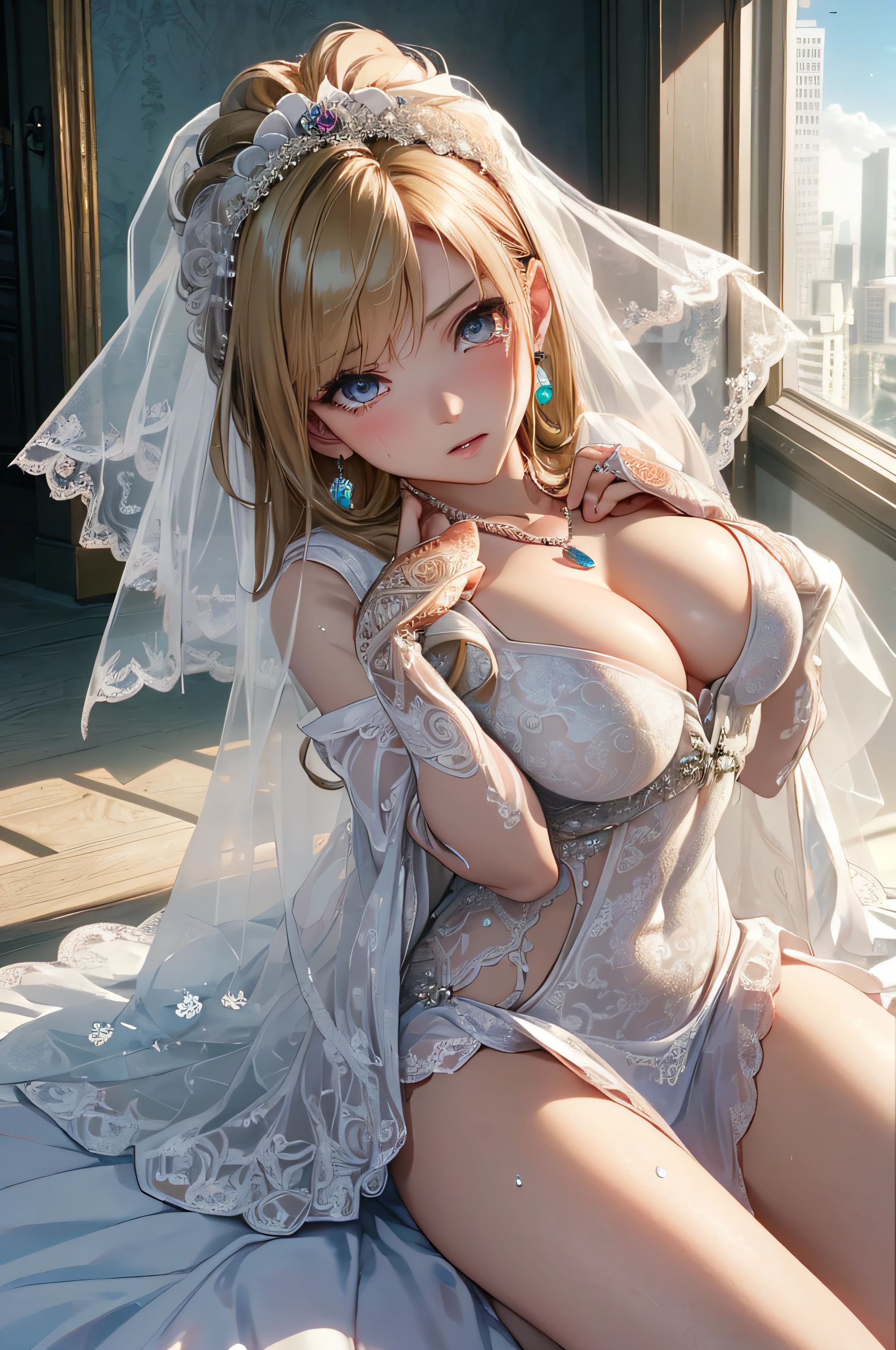 (masutepiece: 1.3), (max resolution: 1.2), (Ultra HDTV: 1.2), cinematric light, 8K resolution,
Detailed eyes and skin, detailed facial features, , (Sharp Focus: 1.2), (Focus on Face:1.2),Perfect Style, Beautiful face, acurate, Anatomically correct, Highly detailed face and skin texture, Detailed eyes, Double eyelids, Thin eyebrows, Glitter Eyeliner: 1 Natural cheeks, Glossy skin, Fair skin: 1.2, (Glossy lips: 1.4),、 (Shy look: 1.2),Highly detailed facial and skin texture, Detailed eyes, Double eyelids, Natural cheeks, , shiny lips: 1.4,Exposed cleavage、(A large amount of sperm in the chest:1.4)(Large amount of sperm in the thighs:1.2)、
red blush、humiliated、impatience、dismay、Frightened、glares、Tears、embarrassed from、Open knees、open one's legs、Masturbation behavior、masturbation、rubbing the genitals with fingers,,,,、
White underwear、White bra、Shiny little earrings and necklaces、、Disheveled clothes、Dressing、Exposed panties、Wearing sweat、sodden、Sheer underwear、
25 years old, Neat and clean woman 、Wavy Hair、 Semi-long hair, Big, upturned breasts, Sitting on the floor, chies、a blond、Green ash eye,blue eyes、(weddingdress:1.6)、veils、
