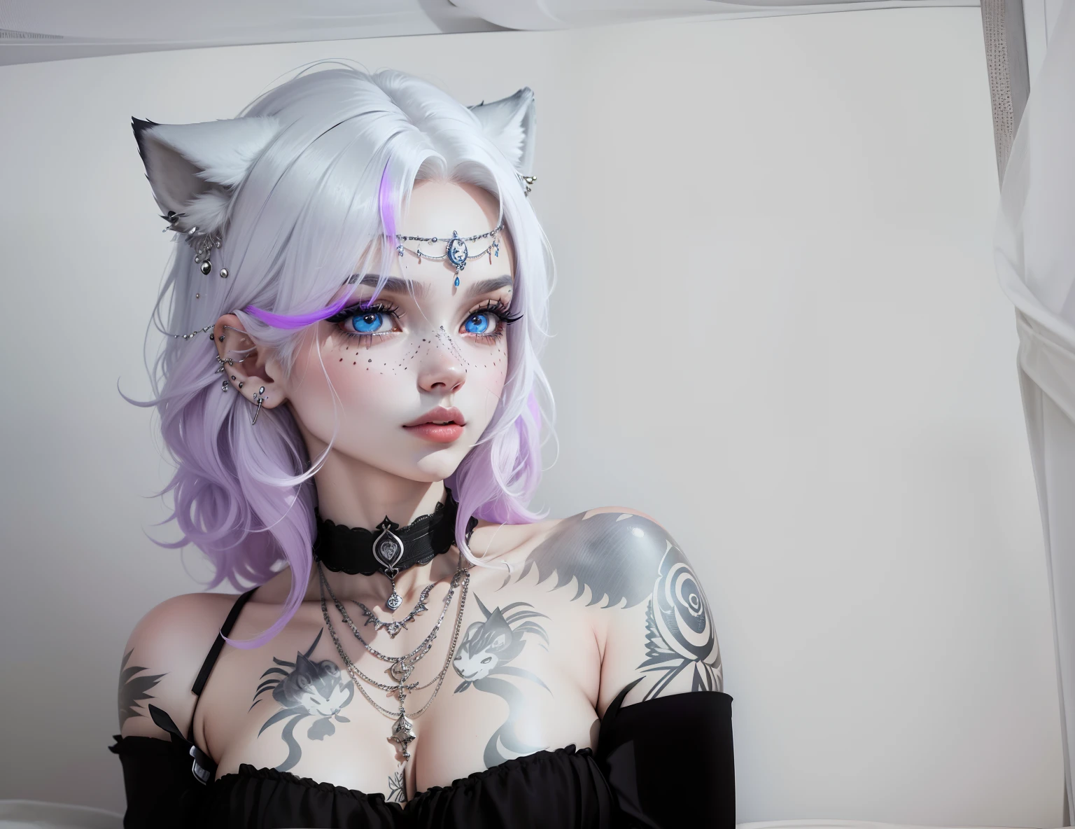 (Anthropomorphic wolf cute cub) orelhas de lobo,com um corce preta, um olho azul e outro branco , heterocromia nos olhos ,cabelo platinado curto cacheados com pontas roxas,bad girl, Moon birthmark on forehead ๐๐, Hibrido,jovem, retrato, busto, postura de frente para a camera, Cartoon, vestido como uma vesater roqueira metaleira dos anos 80 obra prima, postura de confiante, youtuber, fleshy lips , piercings no nariz e nas orelhas de lobo, tatuagens pelo corpo, tattoo de lua ๐ acima dos seios,asas de anjo negro nas costas, e coleira , dark purple choker on neck, Hand with drag gloves, colares , piercings