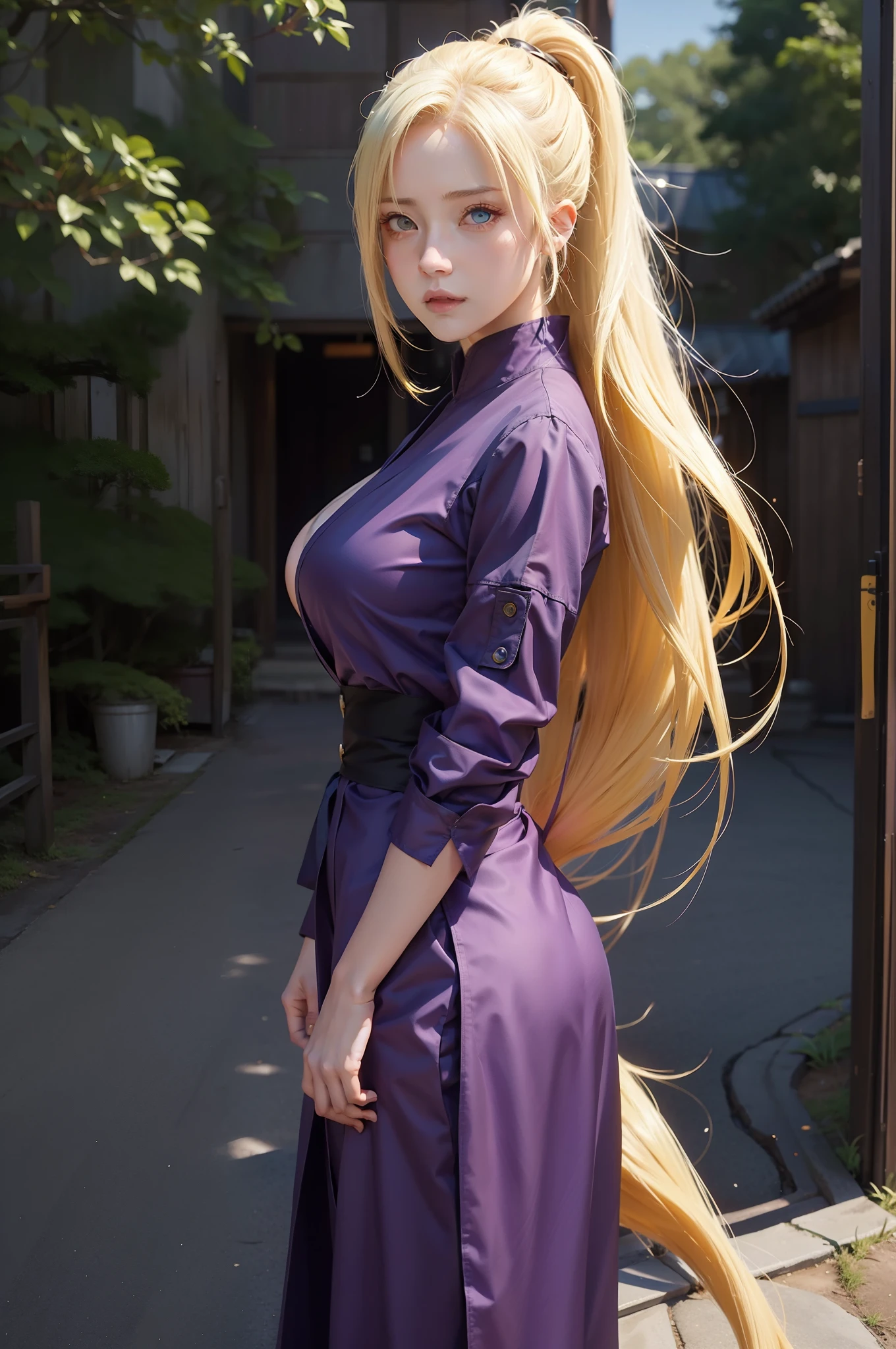 1girl, yamanaka ino in anime naruto, long hair, yellow hair, blue eyes, beautiful, purple clothes, very big breast, realistic clothes, detail clothes, outdoor background, ultra detail, realistic