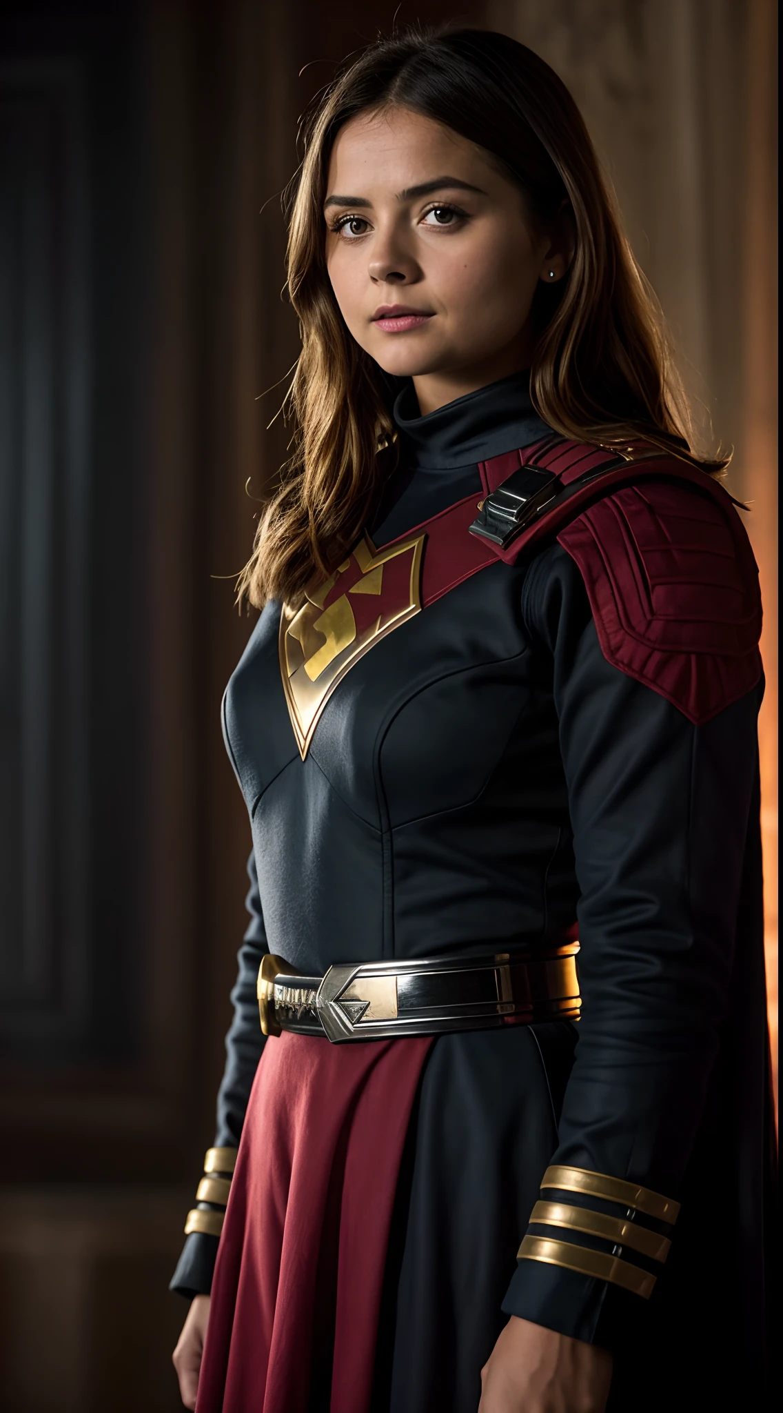 Foto RAW, Jenna Coleman com uniforme preto e vermelhodark ,savior of the galaxy and the universe,(pele altamente detalhada: 1.2), 8k UHD, DSLR, soft-lighting, alta qualidade, grain of film, Fujifilm XT3