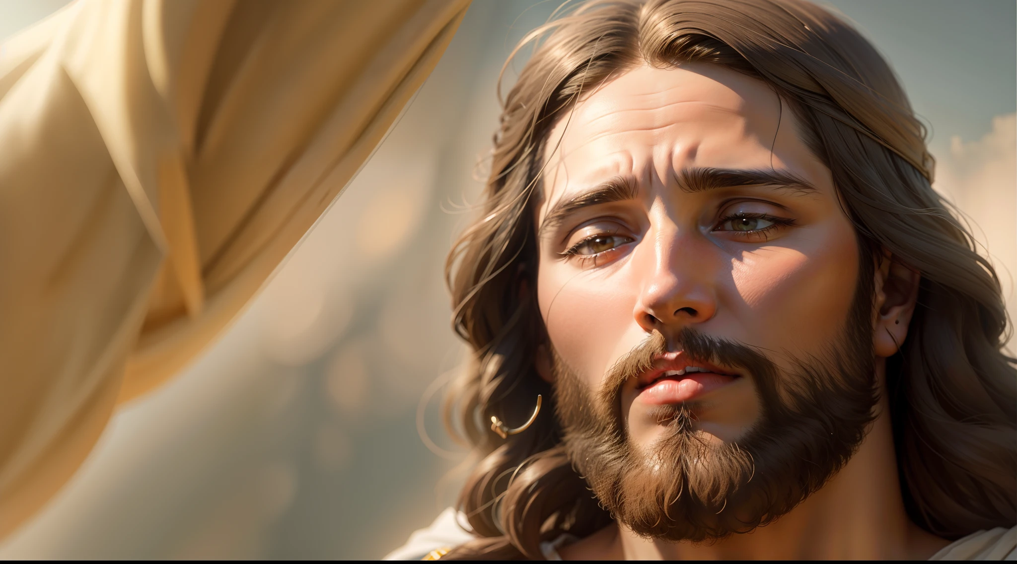 Closeup of an image of Jesus listening and blessing, perfect, reslistic, Biblical setting