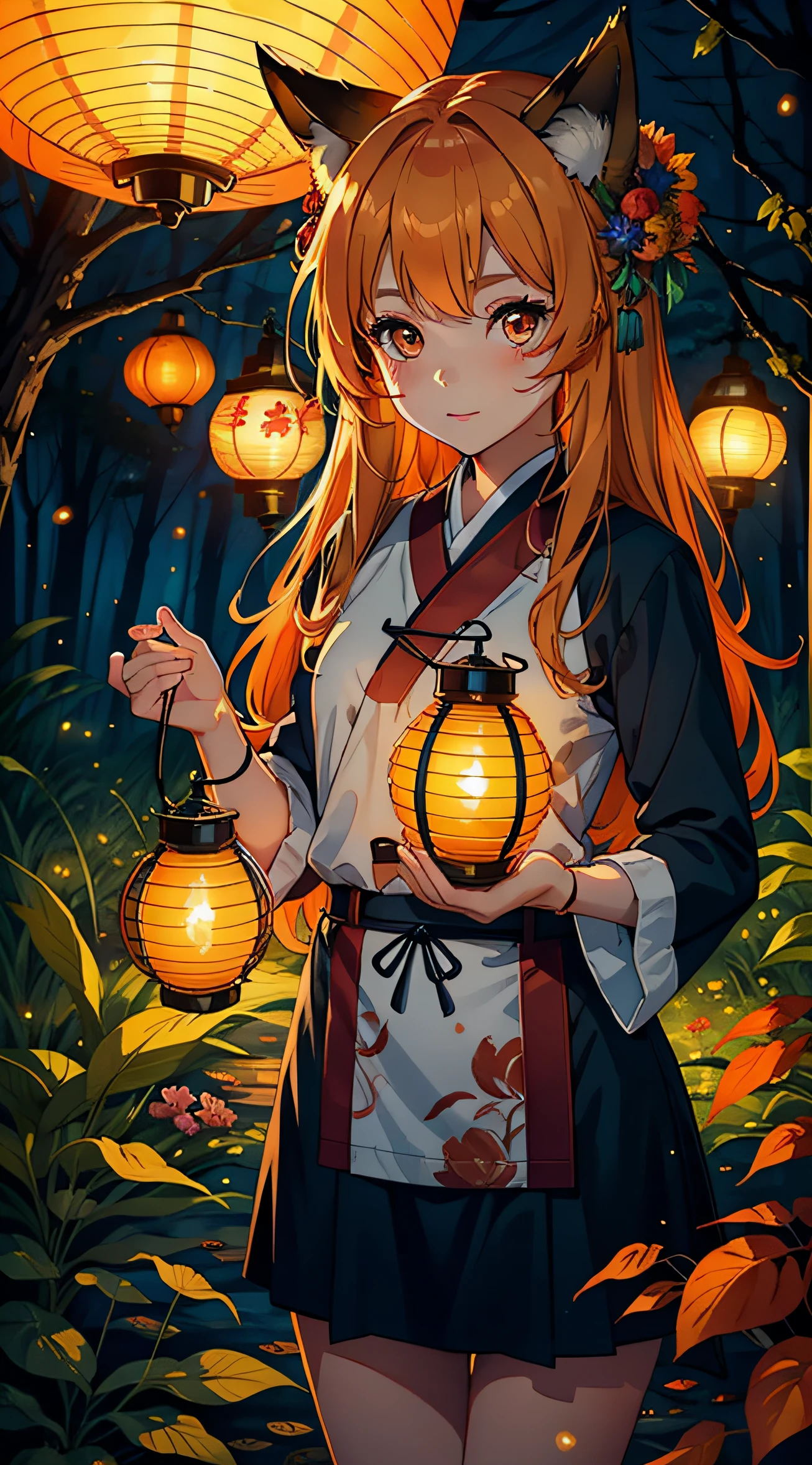 Foxy girl, in Mid-Autumn Festival, forest, lanterns, fireflies, contour line light, watercolors paint, vivid colors