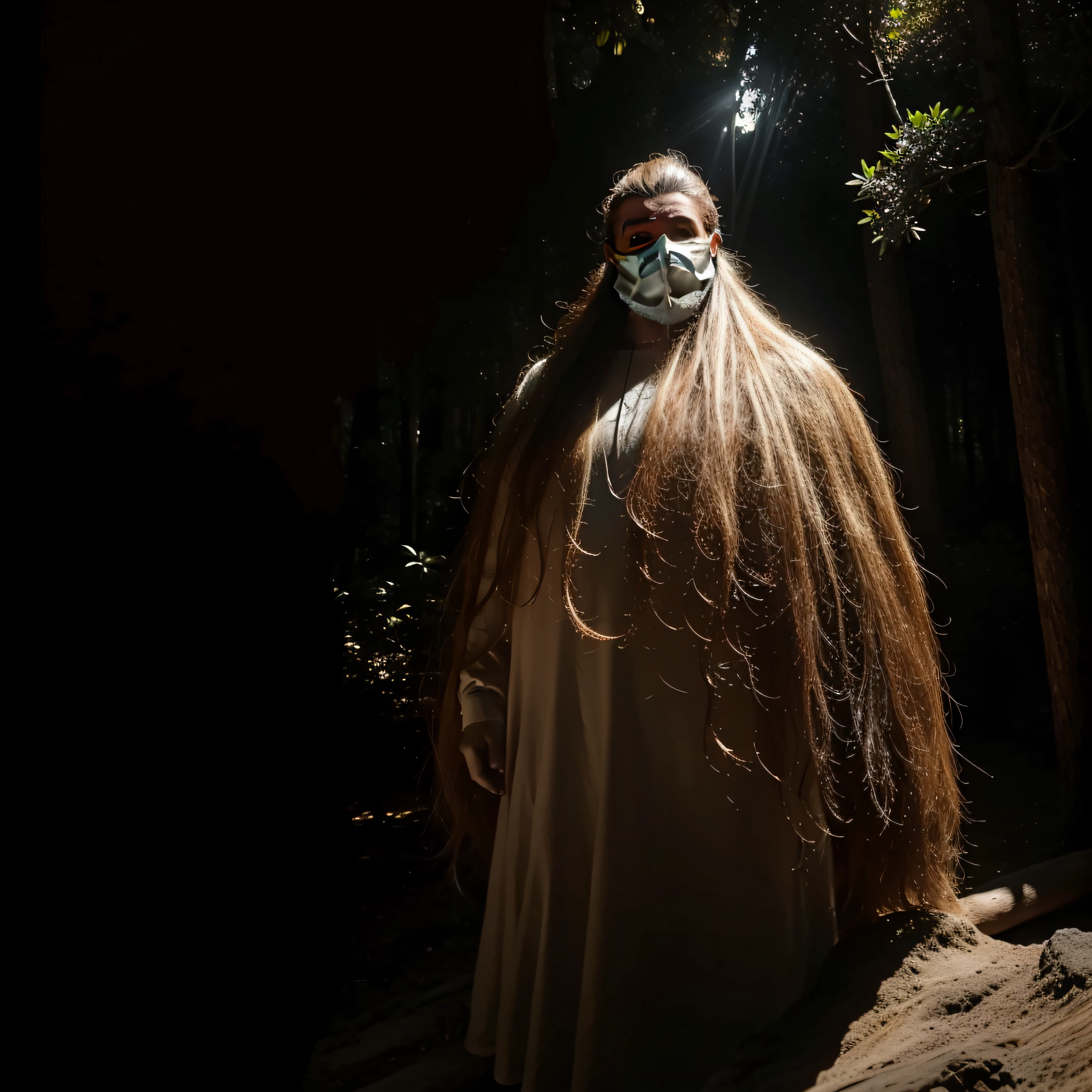 (extremadamente detallado, obra maestra, La mejor calidad, foto antigua, principios de siglo) giant man with a mask, colmillos, una linterna directa lo ilumina, bosque de noche. plano cercano. sangre por el suelo.