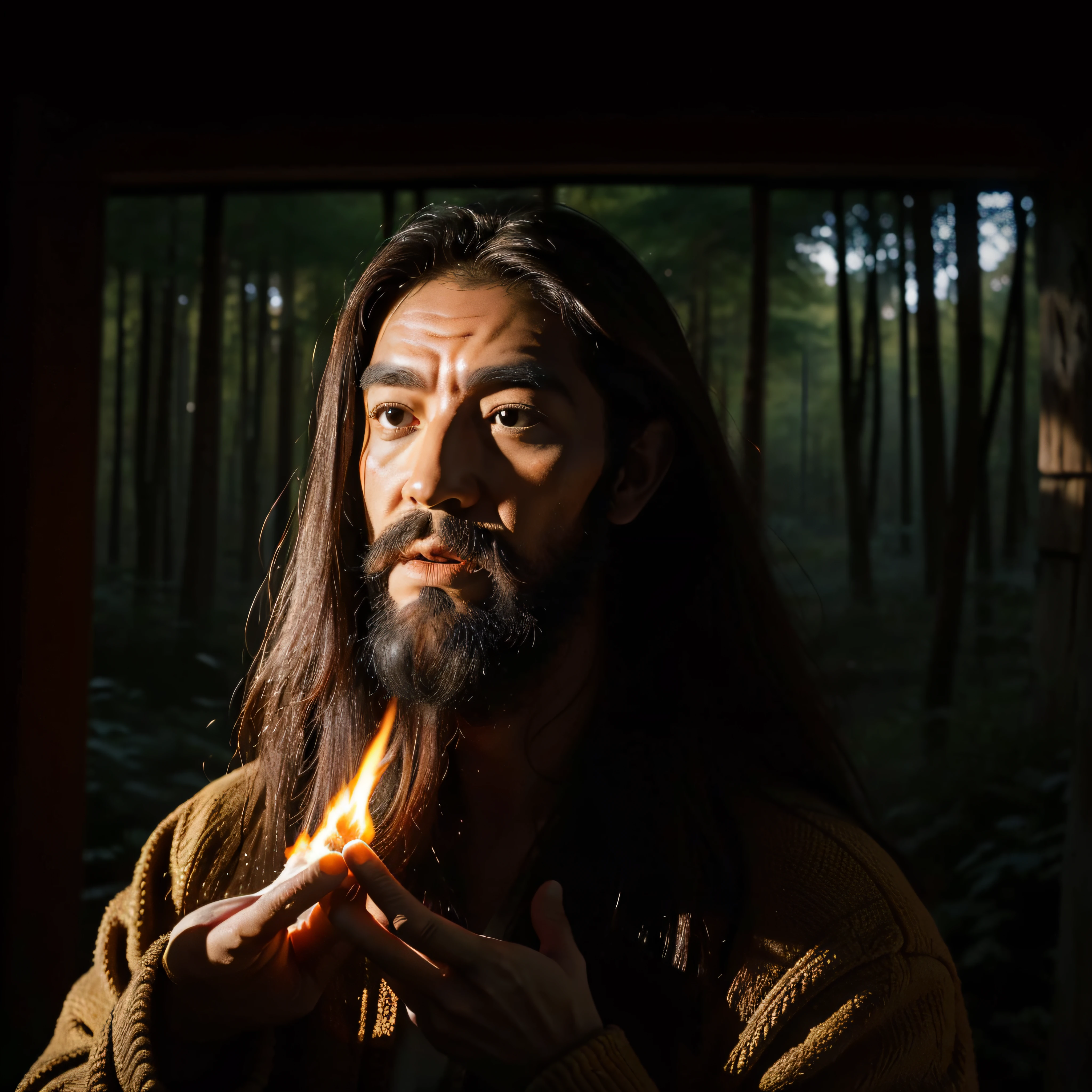(extremadamente detallado, obra maestra, La mejor calidad, foto antigua, principios de siglo) giant man with a mask, colmillos, una linterna directa lo ilumina, bosque de noche. plano cercano. sangre por el suelo.