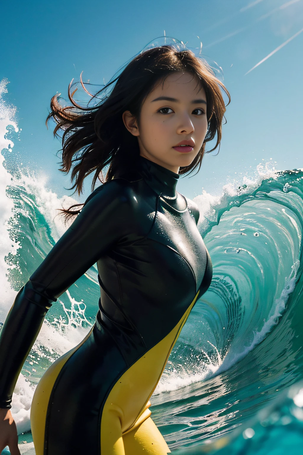 (8K, Original photography, Top image quality, masterpiece: 1.2), hyper HD, (Realistic, photorealistic: 1.38), realisticlying, A high resolution, back lighting. Tiny Girls, Girl surfing、glistening ivory skin, back lighting, standing on the waves, surfing, sparkling water, standing on surfboard,