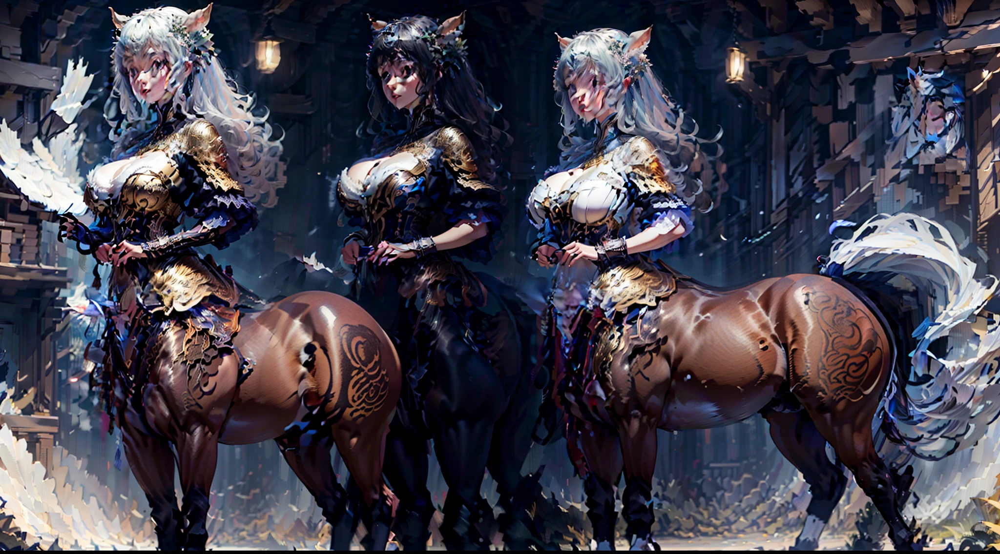 In the beautiful illustration of this super-grand scene，The ultra-long-range lens is shown（Eight unique centaur characters：9.9），They all have their own characteristics，Vivid and interesting。Radiant angelic centaurs from the heavenly realm，To the hellish centaurs surrounded by nightmarish flames，And then to the Wind Immortal Centaur dancing in the air，There are also one-horned centaurs surrounded by thunder and lightning，and mechanical centaurs that shine with metallic light，And then to the powerful dragon centaur with colored dragon scales covering the whole body，The elegant and agile elf centaur always wears a flower crown with its slender and graceful lines，Enchanting and charming Tiflin centaurs。Each character has their own unique charms and abilities。The illustration uses advanced artistic techniques and tools，（Divide the scene into sections by geometric arrangement：9.9），Each section corresponds to a centaur character，This makes more efficient use of space。Through Midjourney's advanced brush tools、Color palette、Material packs and model packs，Exquisite costumes and equipment are designed for each centaur，Enhances the character's personality and visual appeal。The scenery in the illustrations is stunning，There are changing skies、rainbowing、extreme light、Stars and Moon。Incorporating iconic landmarks such as Mount Everest，and fireworks、tranquil lake、Natural and urban elements of waves and neon lights，Creates a magical atmosphere。The centaurs showed off their skills and equipment in a variety of environments，This is true even in extreme alien landscapes。（Use Midjourney's tools、Material packs、Texture tools、The color palette makes depicting details vivid and realistic：9.9），From intricate hairstyles and clothing to authentic textures，Enhances the realism of the characters and surroundings。The fusion of multiple art styles adds movement to the centaur's movement at all angles，The overall visual experience is further enriched。The final illustration was described as a "mast